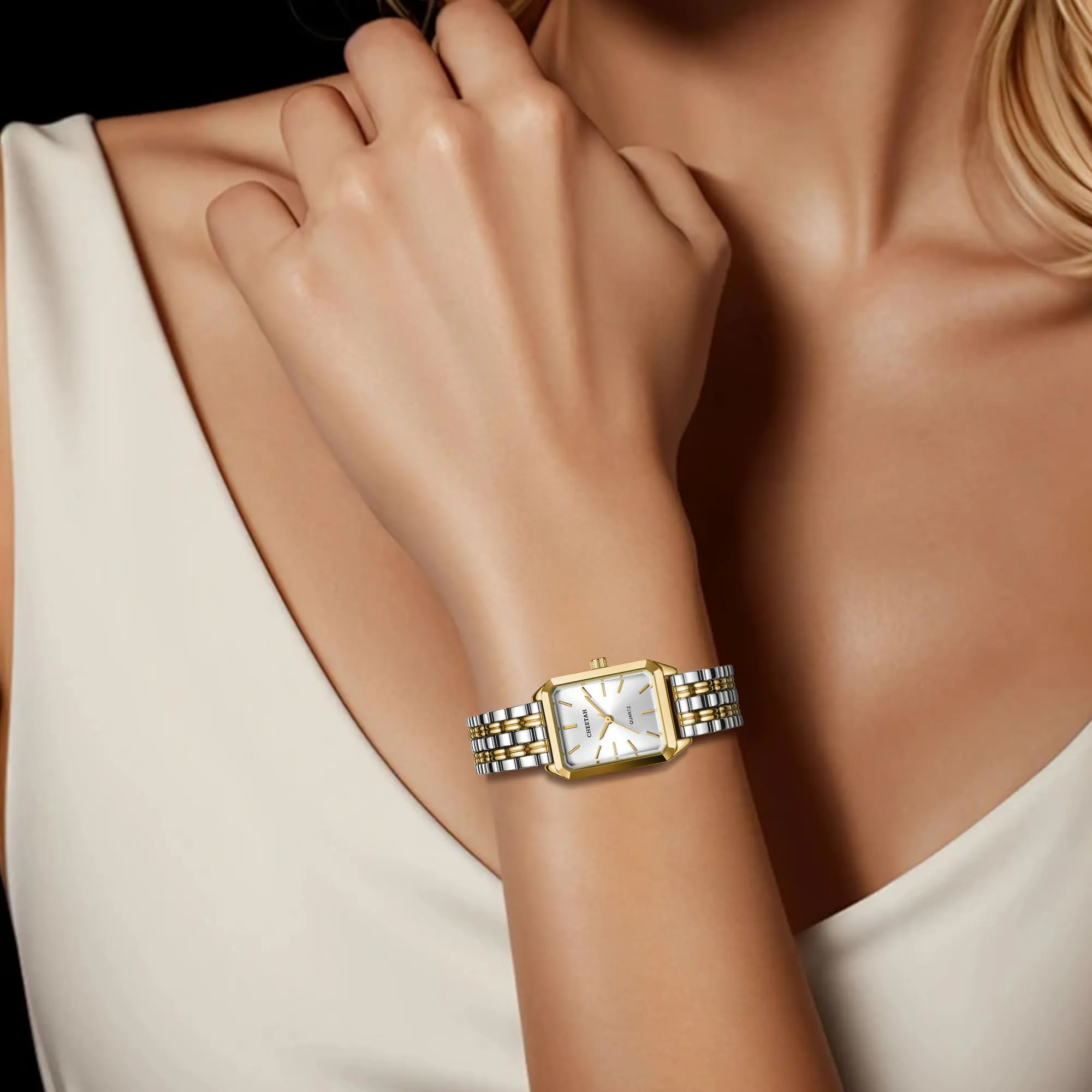 CHEETAH Eleganti Orologi Rettangolari da Donna: Orologio da Donna in oro con Quadrante Analogico in Stile Retrò, Ideale per Occasioni Formali – Orologio da Polso Analogico al Quarzo - immagine 6