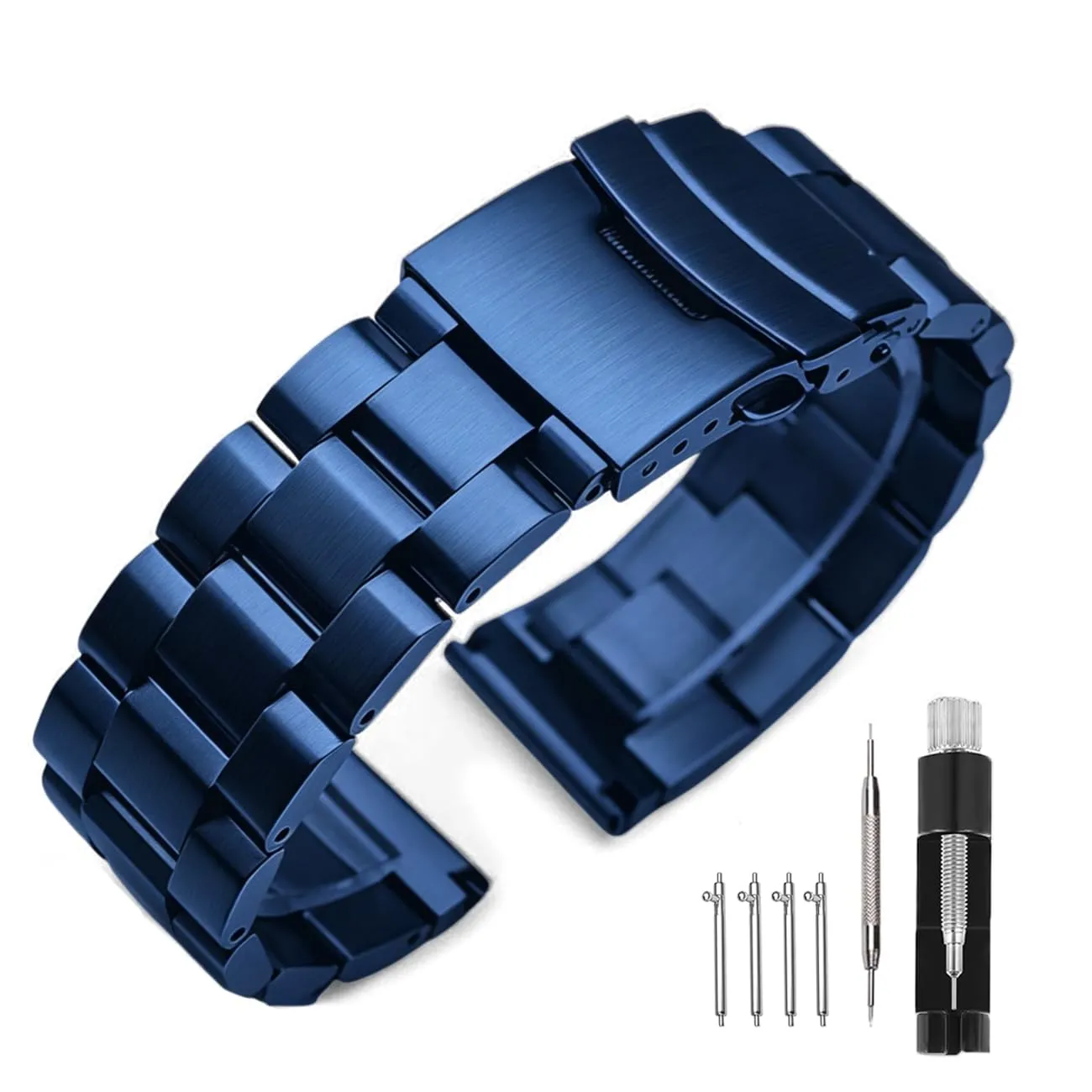Kai Tian Cinturino per orologio da polso in acciaio inox massiccio spazzolato, fibbia deployante, per uomo e donna, 18 mm, 20 mm, 22 mm, 24 mm, nero e argento, Blu, 20mm, Bracciale - immagine 1
