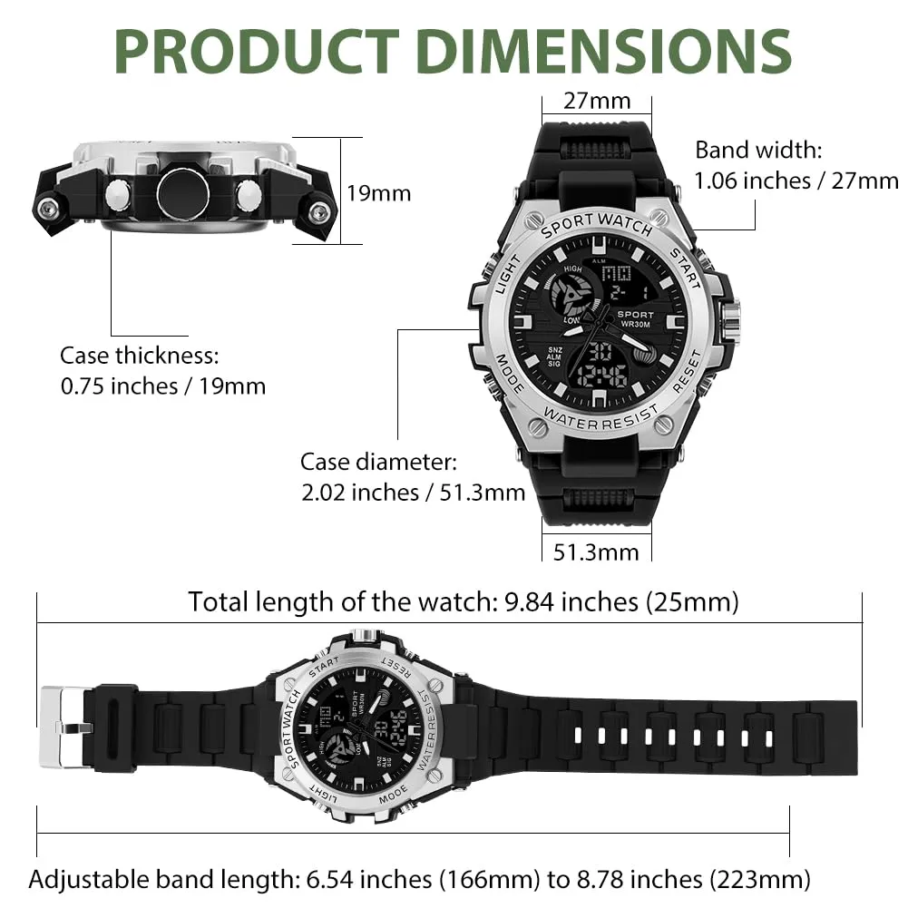 AOOSU Orologio da Uomo, Orologio da Uomo Analogico e Digitale, Orologi Militare, Datario Multifunzione con Cronografo e Display Luminoso - Argento - immagine 2