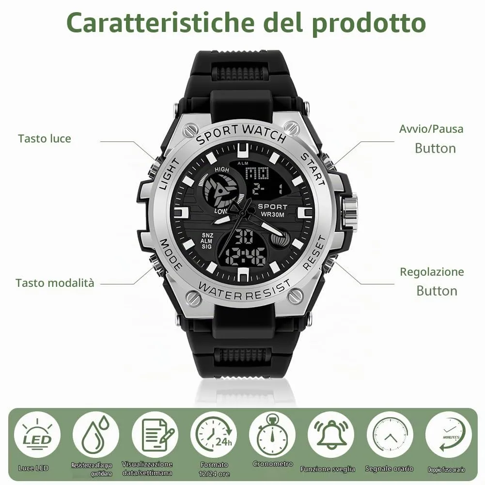 AOOSU Orologio da Uomo, Orologio da Uomo Analogico e Digitale, Orologi Militare, Datario Multifunzione con Cronografo e Display Luminoso - Argento - immagine 3