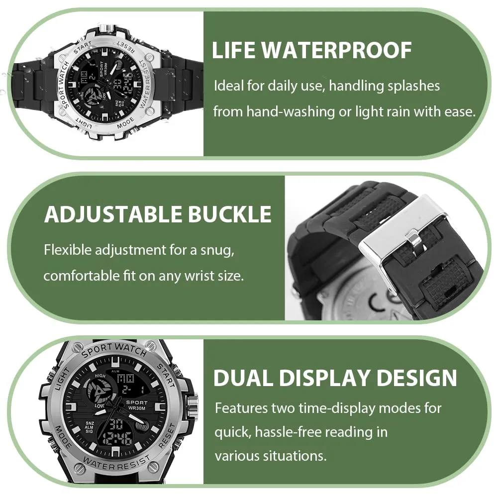 AOOSU Orologio da Uomo, Orologio da Uomo Analogico e Digitale, Orologi Militare, Datario Multifunzione con Cronografo e Display Luminoso - Argento - immagine 4