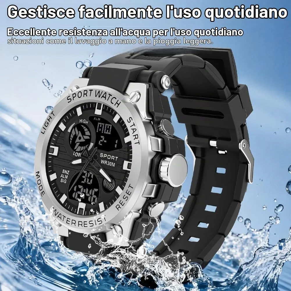 AOOSU Orologio da Uomo, Orologio da Uomo Analogico e Digitale, Orologi Militare, Datario Multifunzione con Cronografo e Display Luminoso - Argento - immagine 5