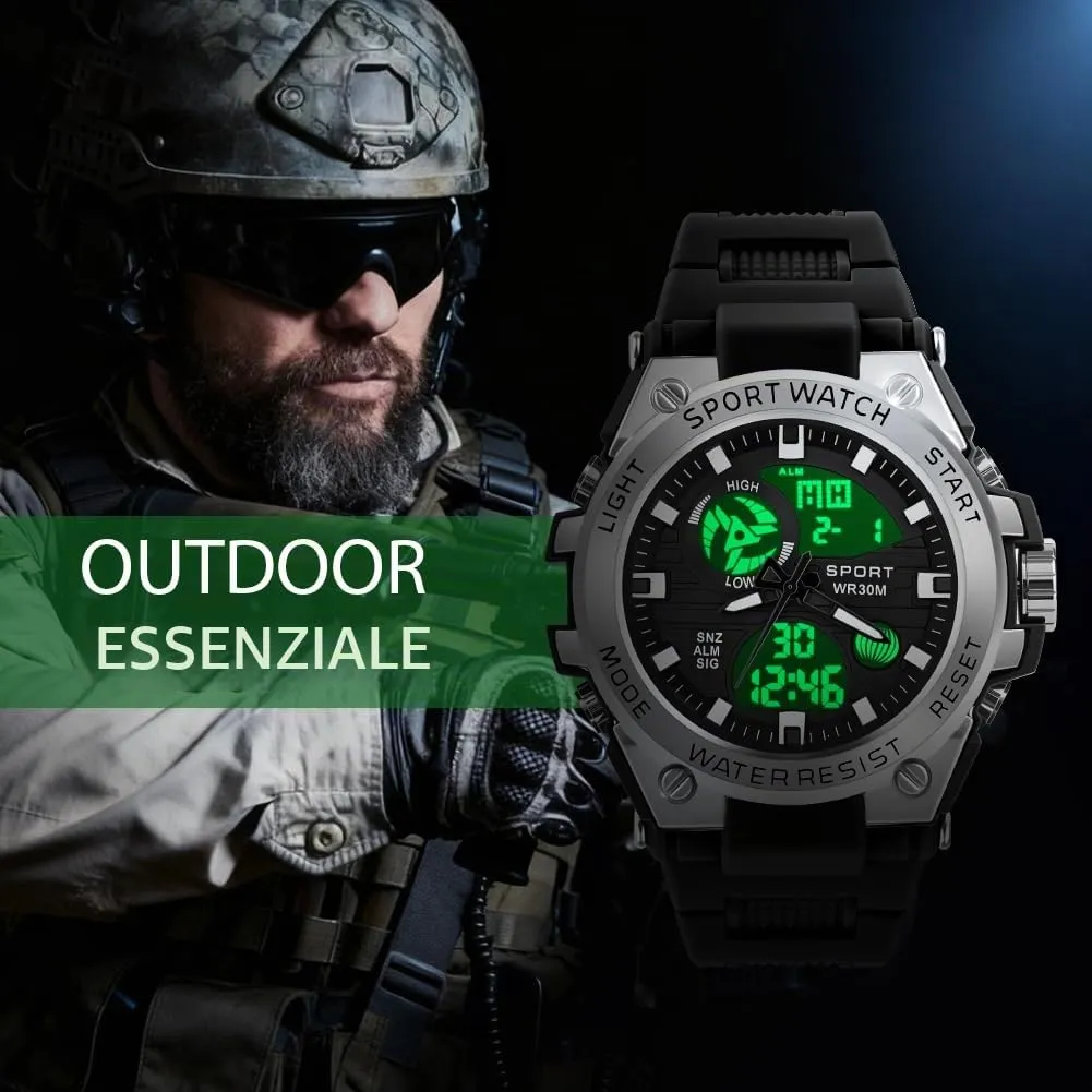 AOOSU Orologio da Uomo, Orologio da Uomo Analogico e Digitale, Orologi Militare, Datario Multifunzione con Cronografo e Display Luminoso - Argento - immagine 6