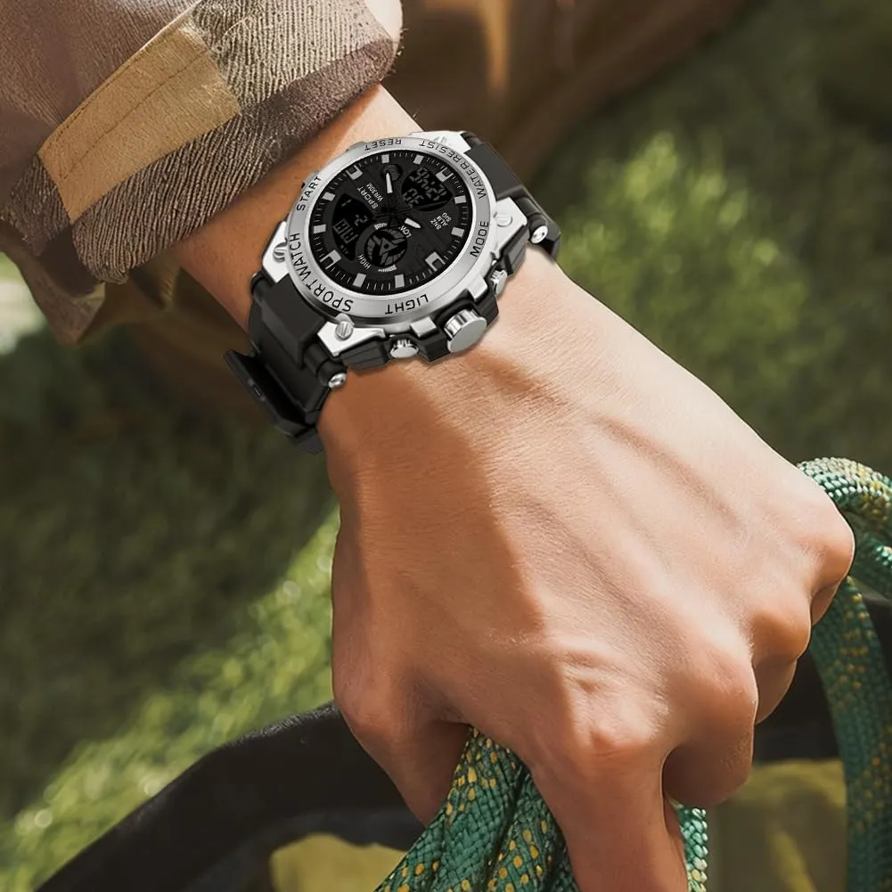 AOOSU Orologio da Uomo, Orologio da Uomo Analogico e Digitale, Orologi Militare, Datario Multifunzione con Cronografo e Display Luminoso - Argento - immagine 7