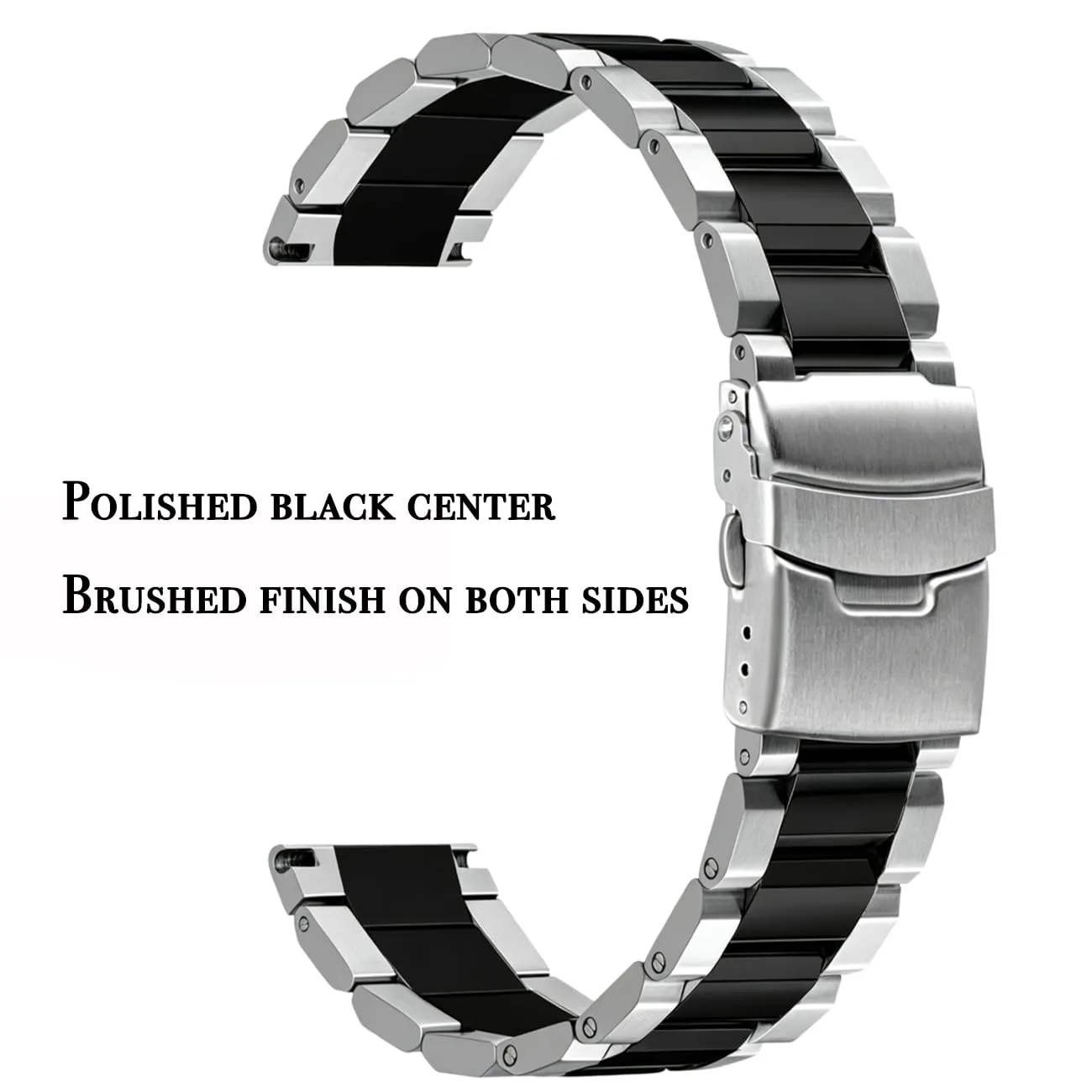 Kai Tian Cinturino per orologio da polso in acciaio inox massiccio spazzolato, fibbia deployante, per uomo e donna, 18 mm, 20 mm, 22 mm, 24 mm, nero e argento, 20mm, Metallo Acciaio inossidabile - immagine 2