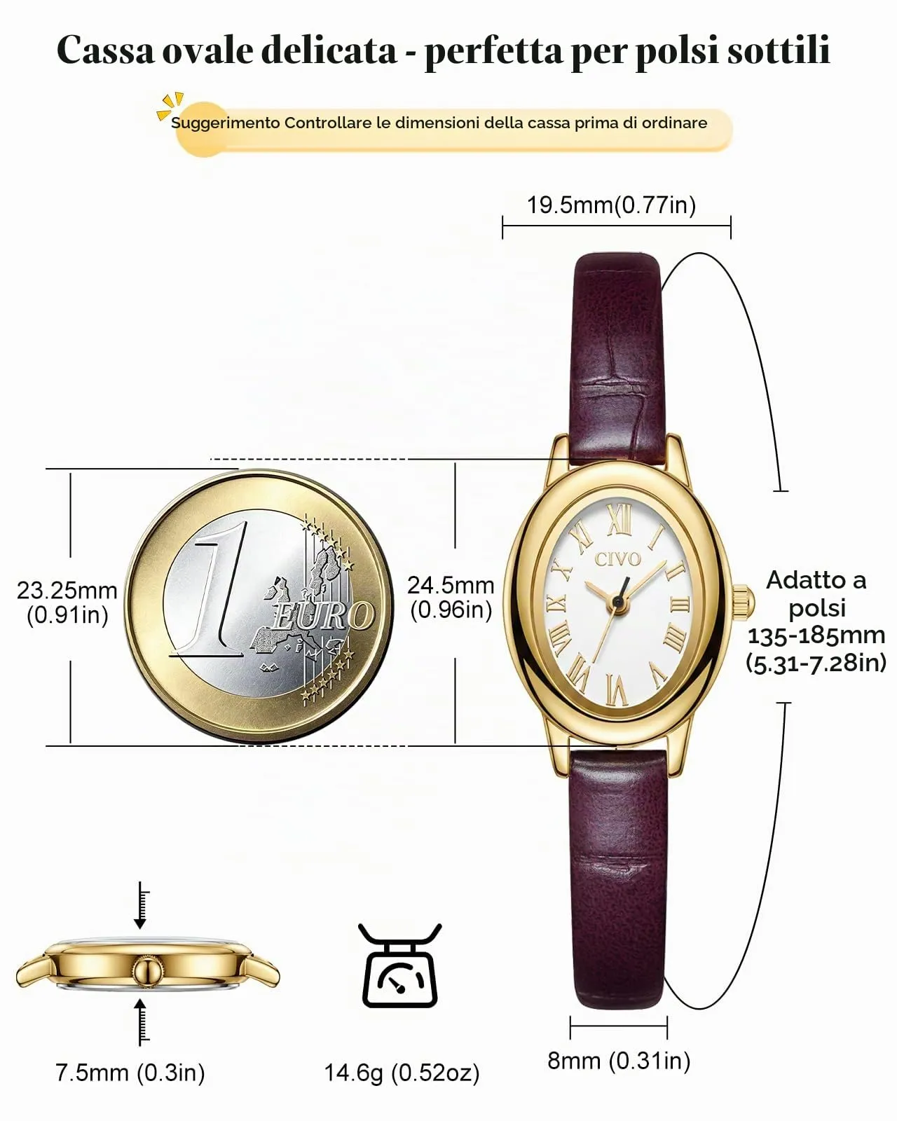 CIVO Orologio Donna Piccolo Vintage: Oro Ovale Numeri Romani Analogico - immagine 5