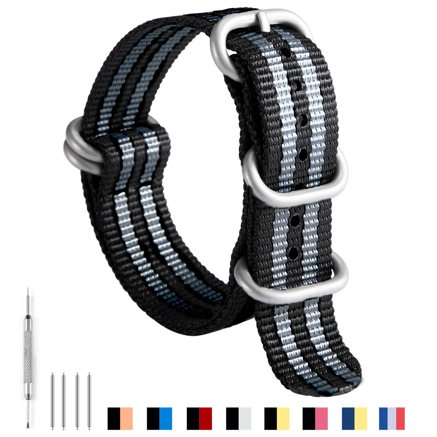 BINLUN Cinturino per Orologio in Nylon Cinturini Militare Premium Balistico Multicolori per Uomo Donna 18 mm 19 mm 20 mm 21 mm 22 mm 23 mm 24 mm con Fibbia in Acciaio Inossidabile Argento/Nero - immagine 2