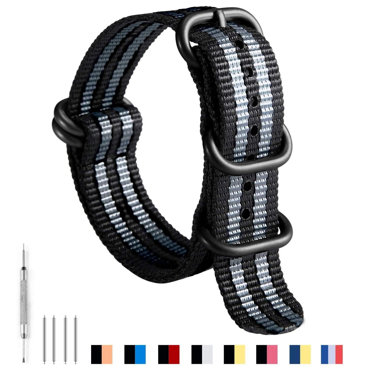 BINLUN Cinturino per Orologio in Nylon Cinturini Militare Premium Balistico Multicolori per Uomo Donna 18 mm 19 mm 20 mm 21 mm 22 mm 23 mm 24 mm con Fibbia in Acciaio Inossidabile Argento/Nero - immagine 2