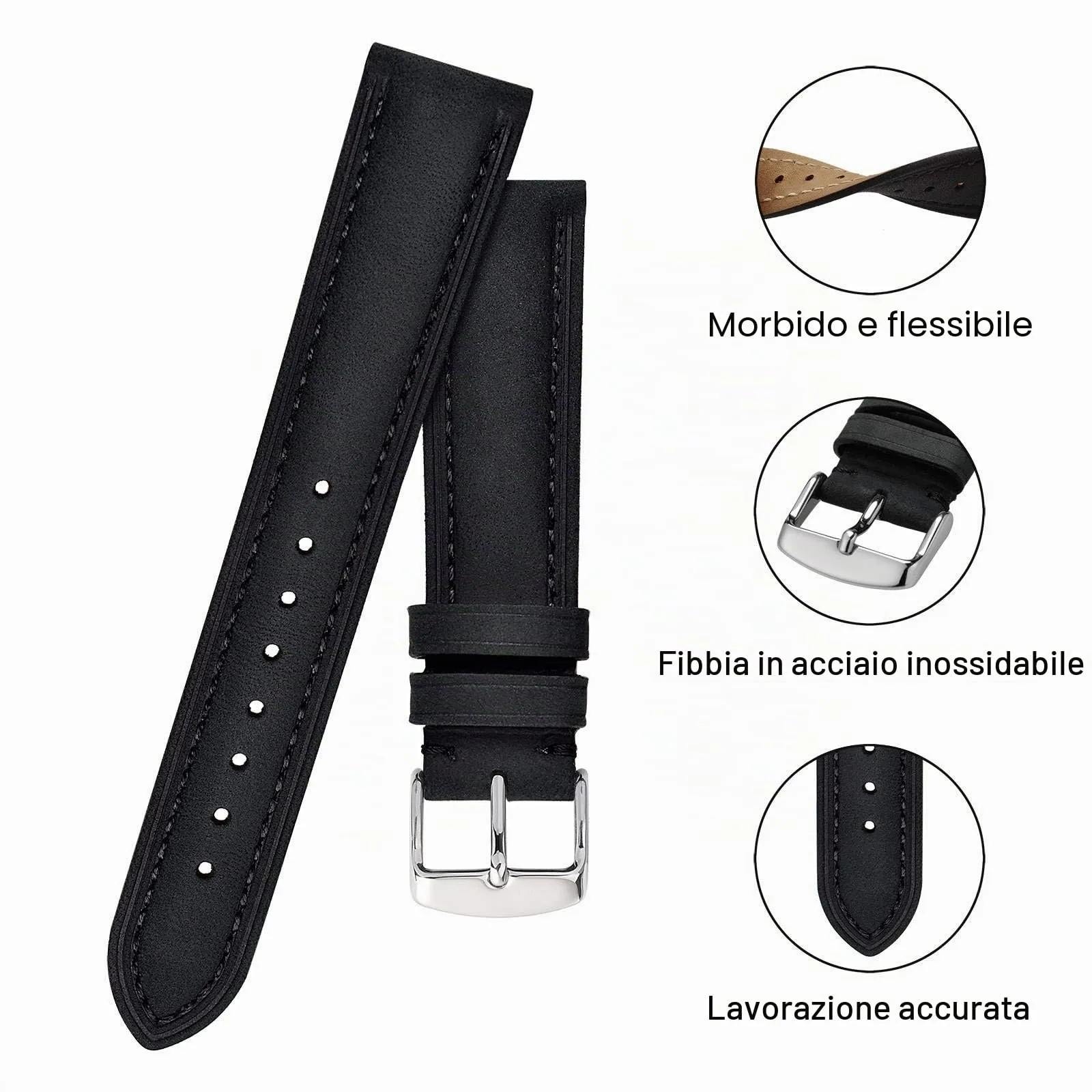 BISONSTRAP Cinturino Orologio 22mm, Cinturini di Ricambio in Pelle Vintage, Nero - immagine 4