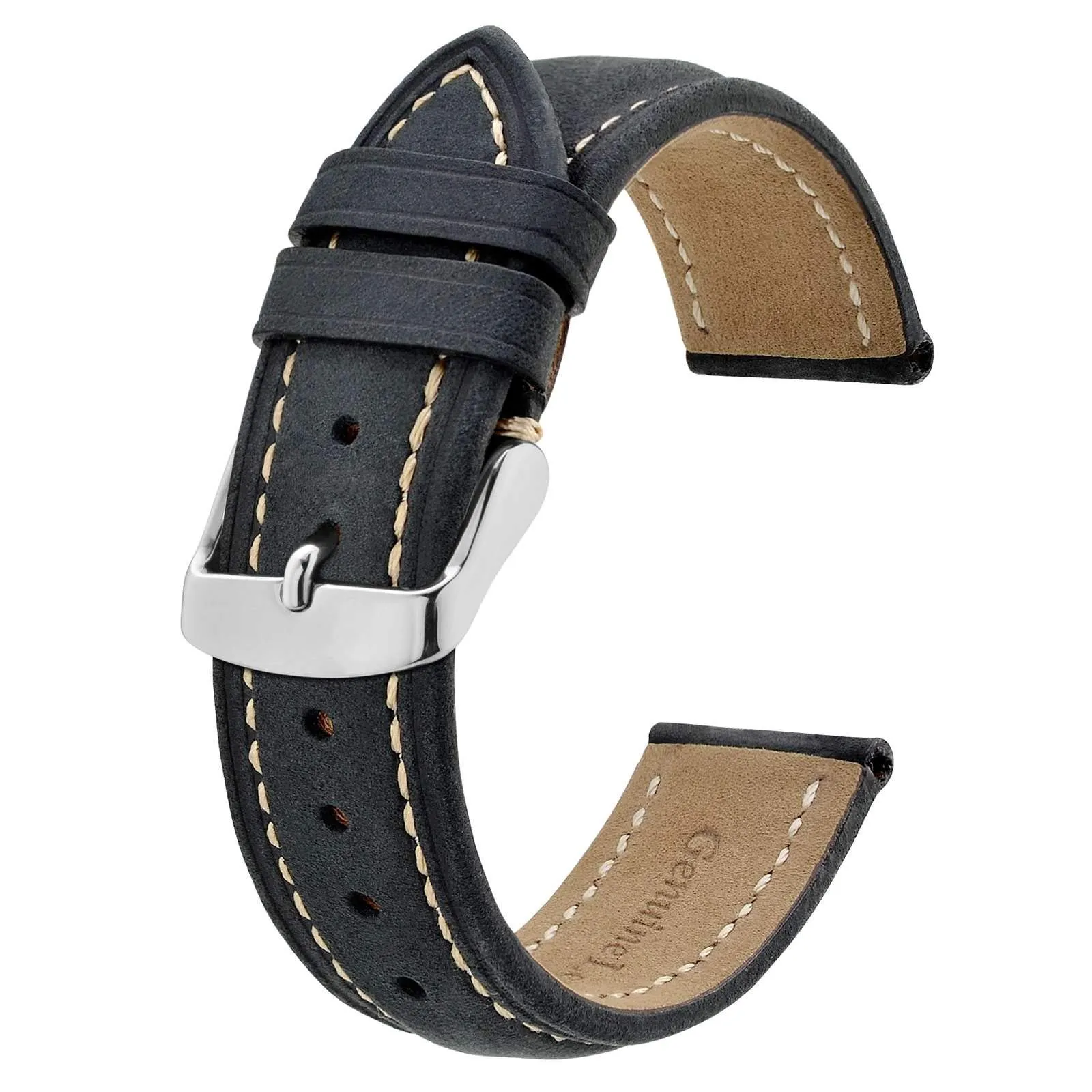 BISONSTRAP Cinturino Orologio 22mm, Cinturini di Ricambio in Pelle Vintage, Nero/Filo Beige - immagine 1