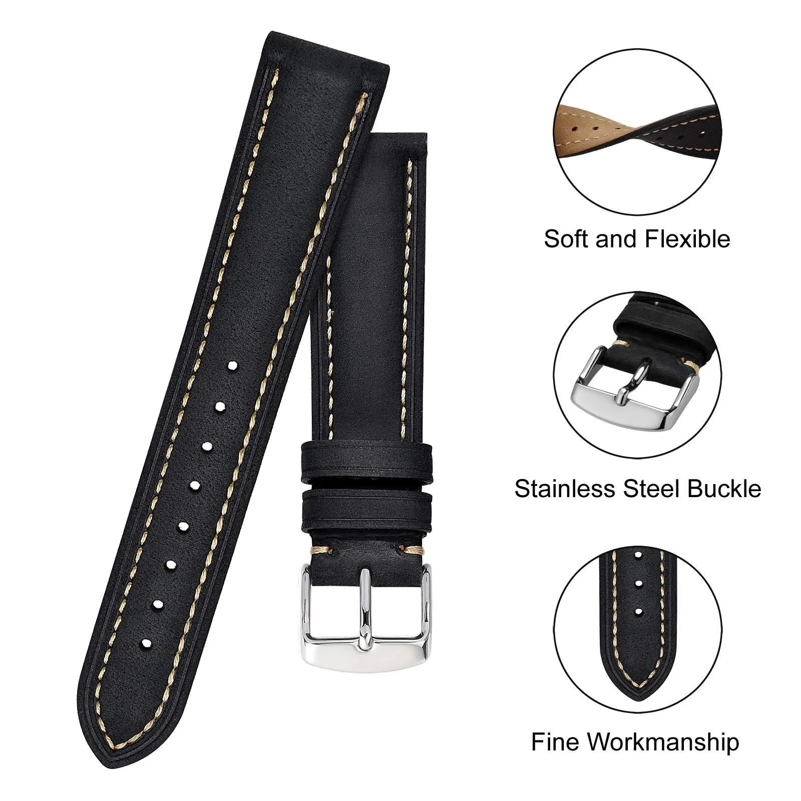 BISONSTRAP Cinturino Orologio 22mm, Cinturini di Ricambio in Pelle Vintage, Nero/Filo Beige - immagine 4