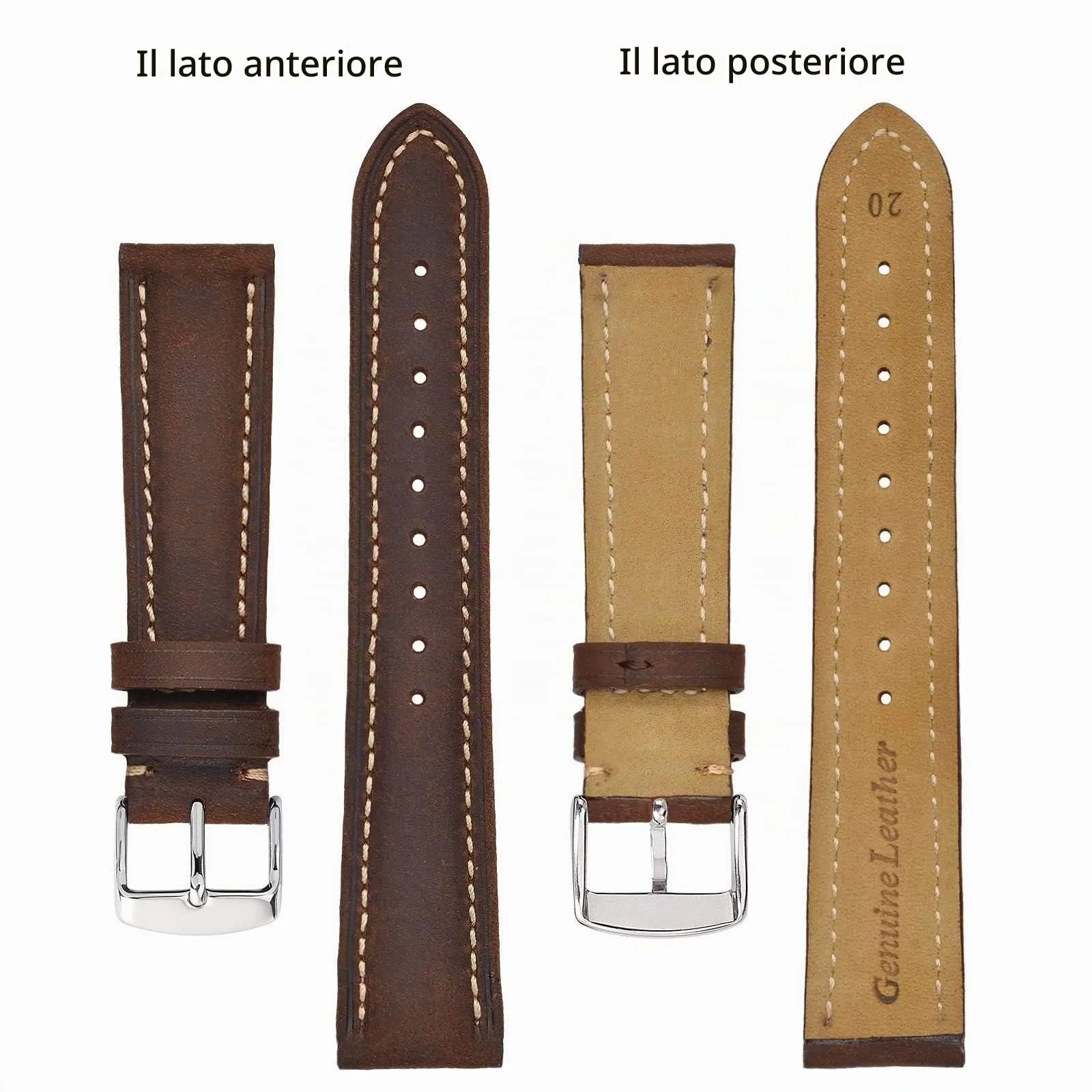 BISONSTRAP Cinturino Orologio 24mm, Cinturini di Ricambio in Pelle Vintage, Marrone Scuro/Filo Beige - immagine 3