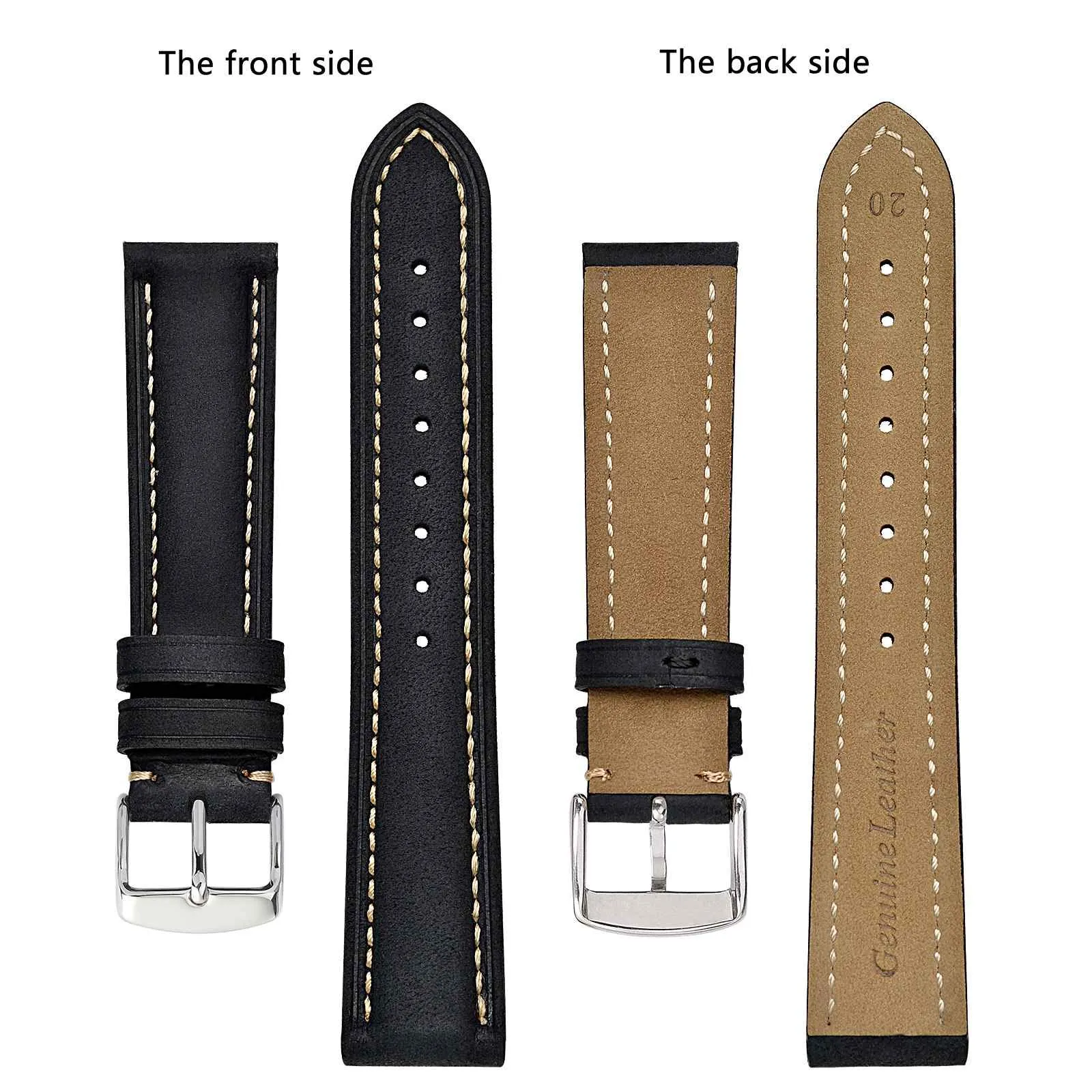BISONSTRAP Cinturino Orologio 18mm, Cinturini di Ricambio in Pelle Vintage, Nero/Filo Beige - immagine 3
