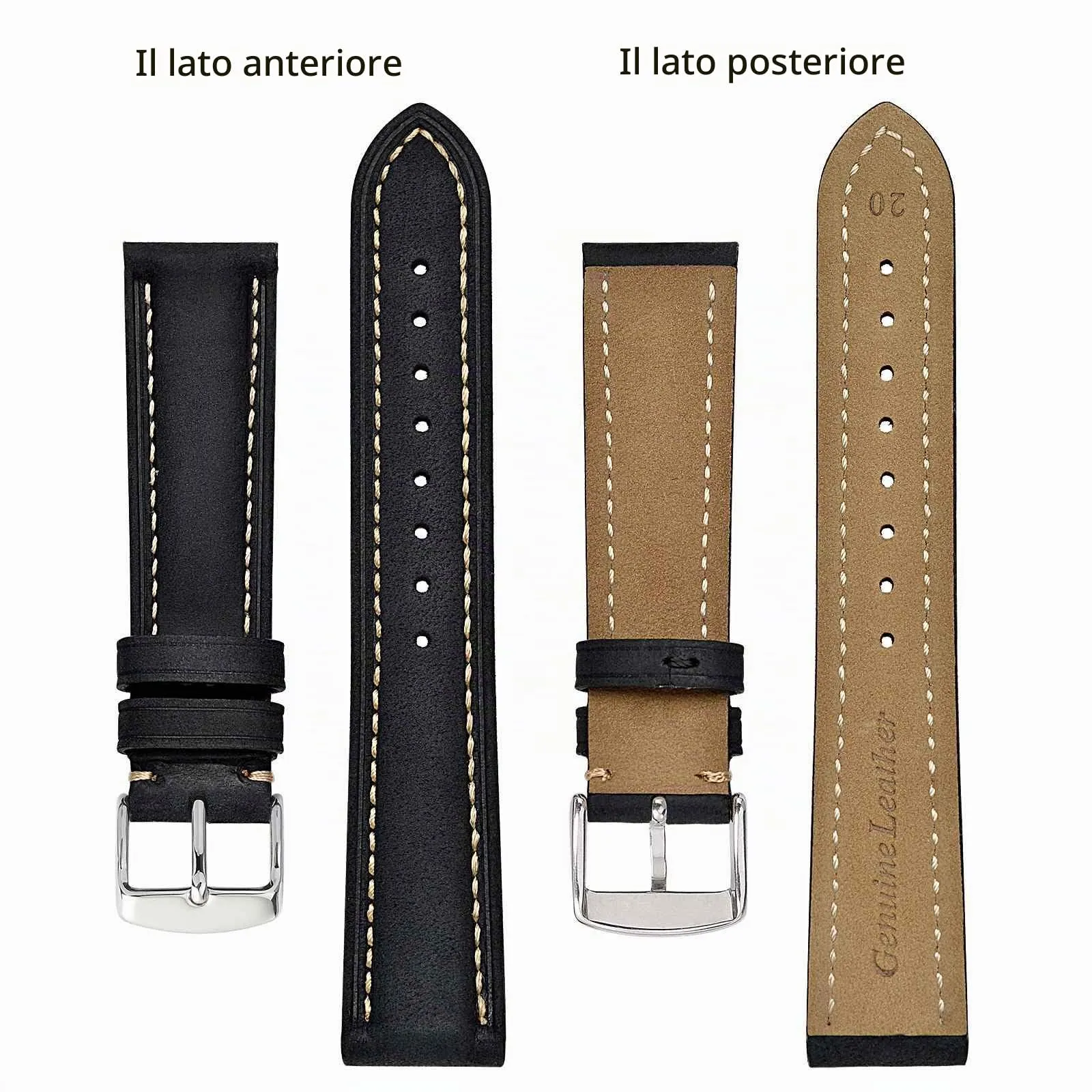 BISONSTRAP Cinturino Orologio 20mm, Cinturini di Ricambio in Pelle Vintage, Nero/Filo Beige - immagine 3
