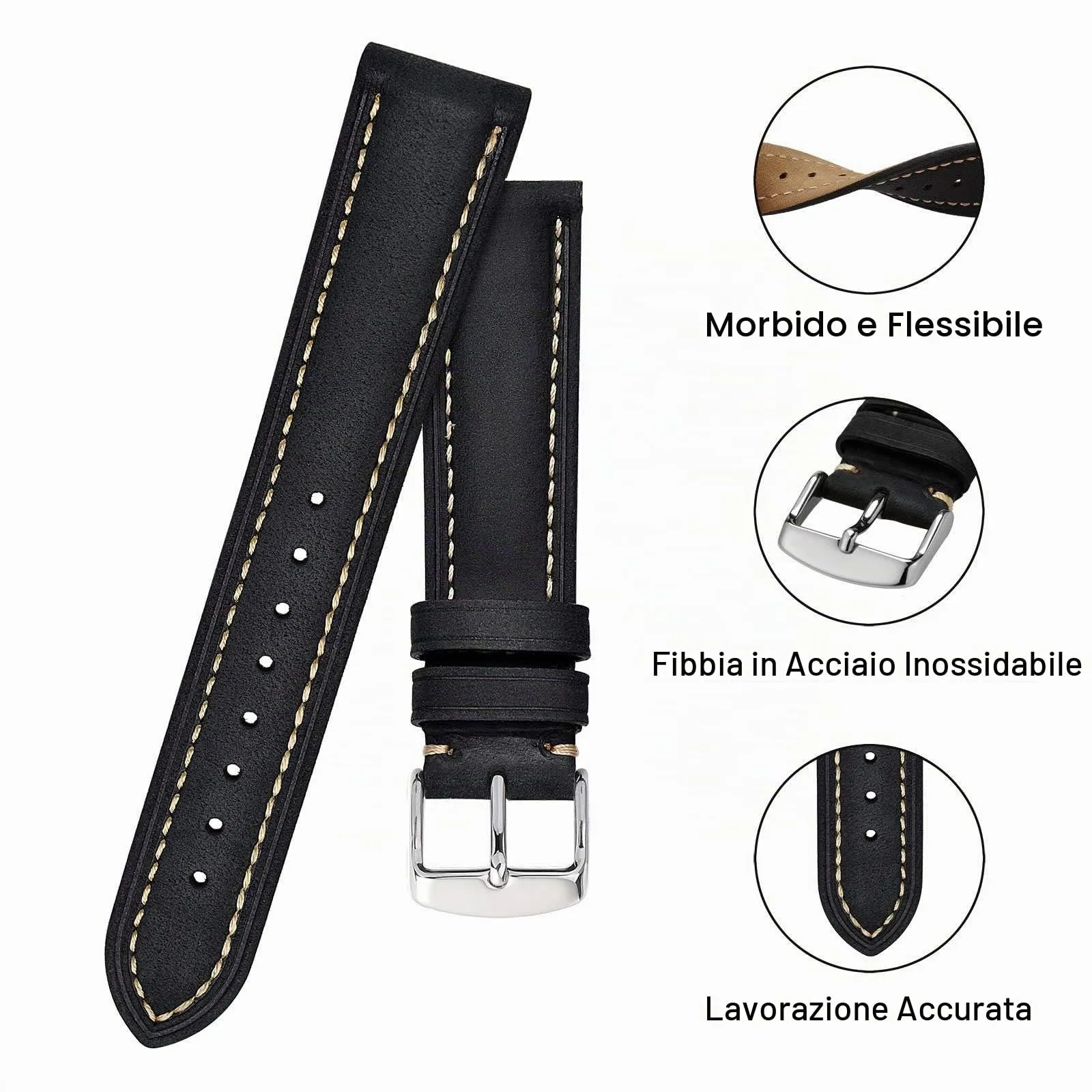 BISONSTRAP Cinturino Orologio 20mm, Cinturini di Ricambio in Pelle Vintage, Nero/Filo Beige - immagine 4