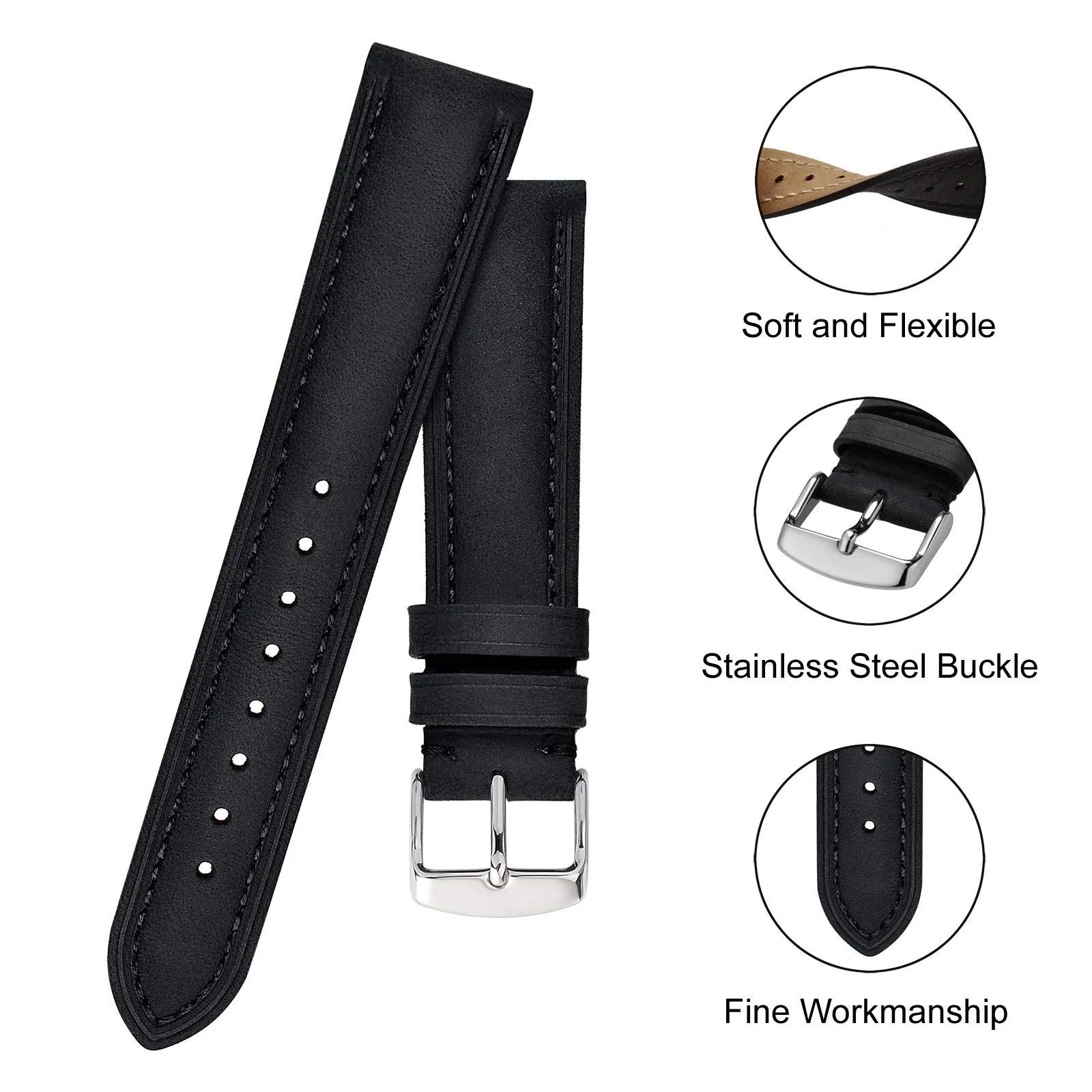 BISONSTRAP Cinturino Orologio 15mm, Cinturini di Ricambio in Pelle Vintage, Nero - immagine 4