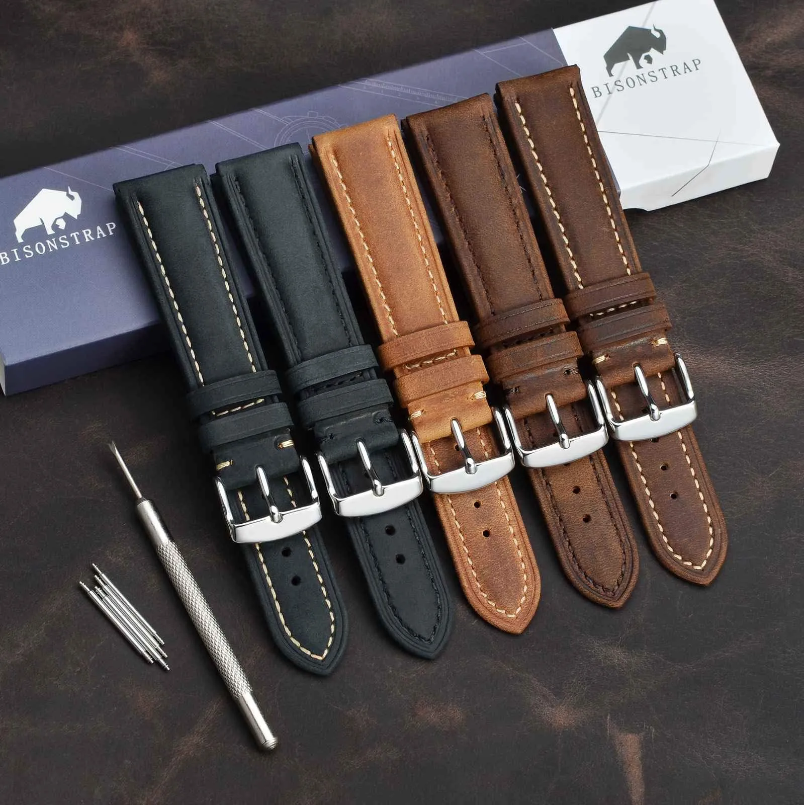 BISONSTRAP Cinturino Orologio 15mm, Cinturini di Ricambio in Pelle Vintage, Nero - immagine 9