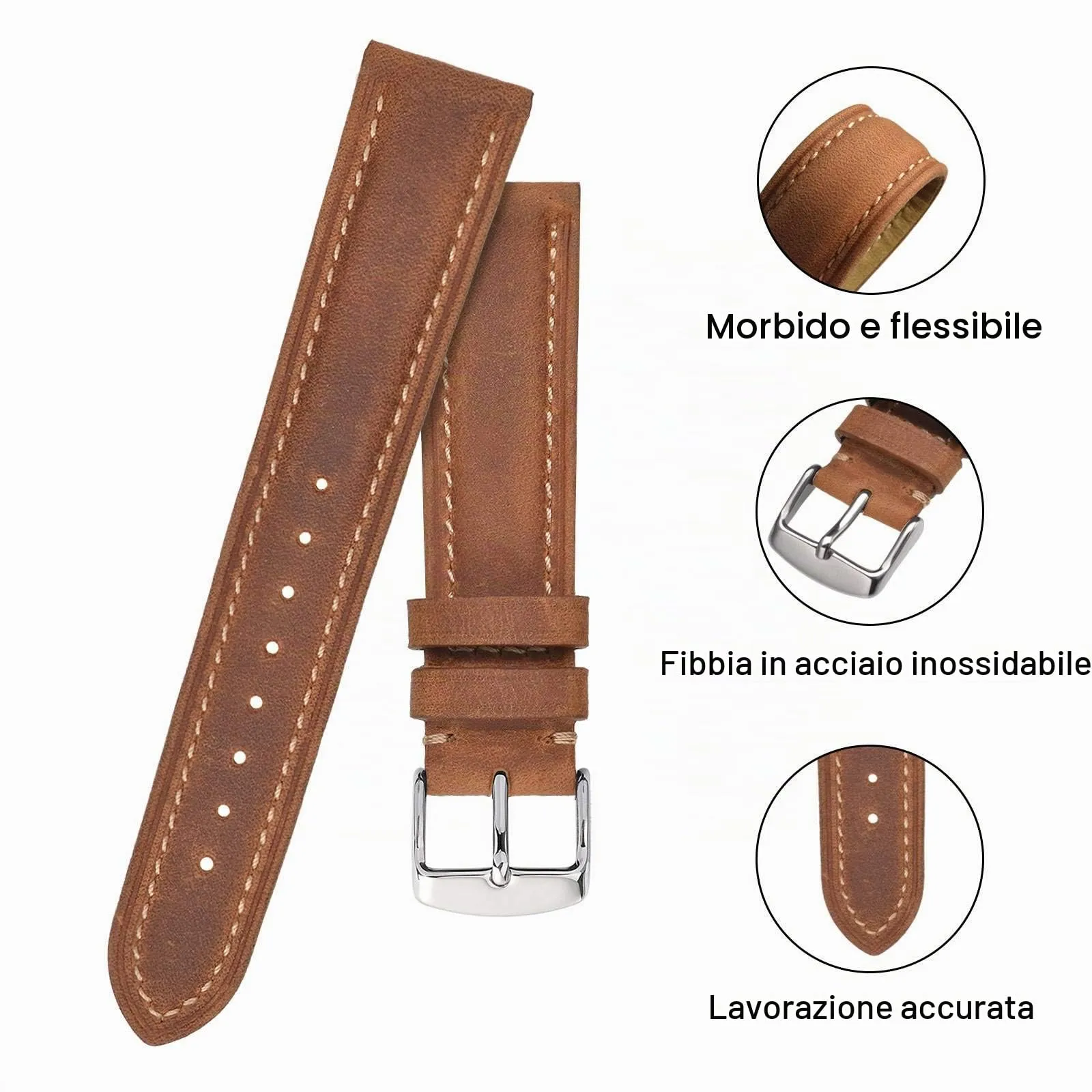 BISONSTRAP Cinturino Orologio 22mm, Cinturini di Ricambio in Pelle Vintage, Marrone Chiaro/Filo Beige - immagine 4