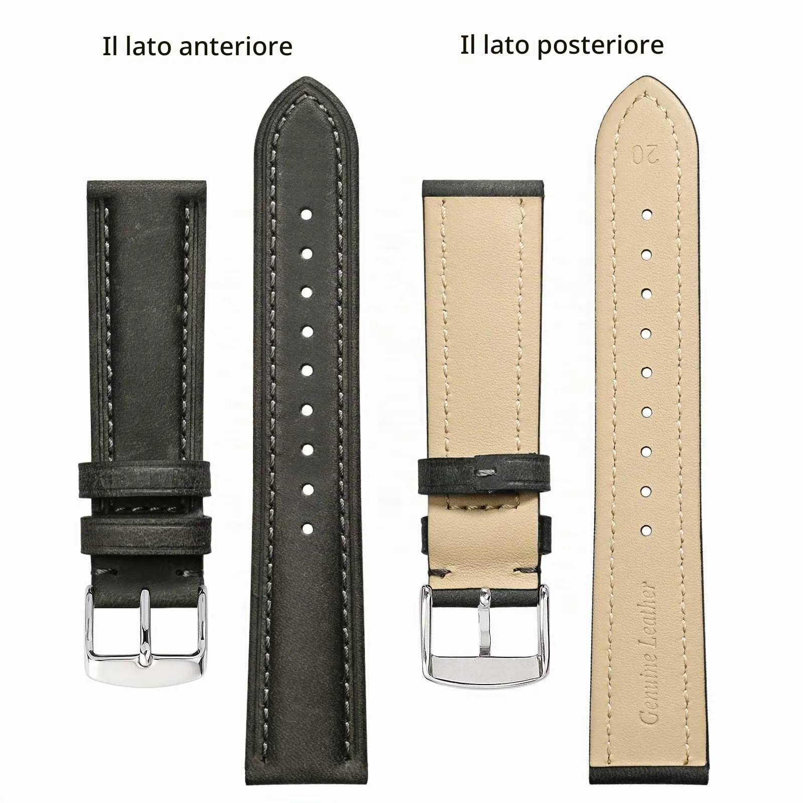 BISONSTRAP Cinturino Orologio 20mm, Cinturini di Ricambio in Pelle Vintage, Grigio - immagine 3