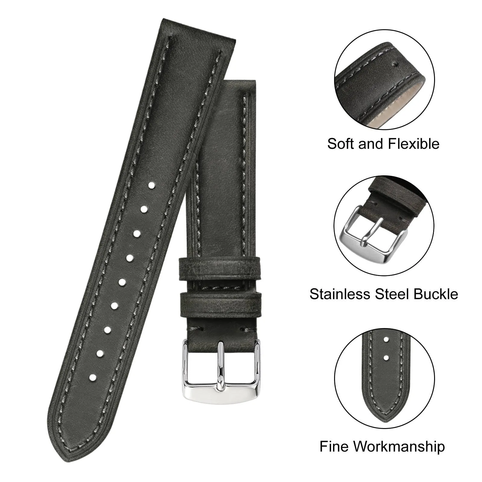 BISONSTRAP Cinturino Orologio 22mm, Cinturini di Ricambio in Pelle Vintage, Grigio - immagine 4
