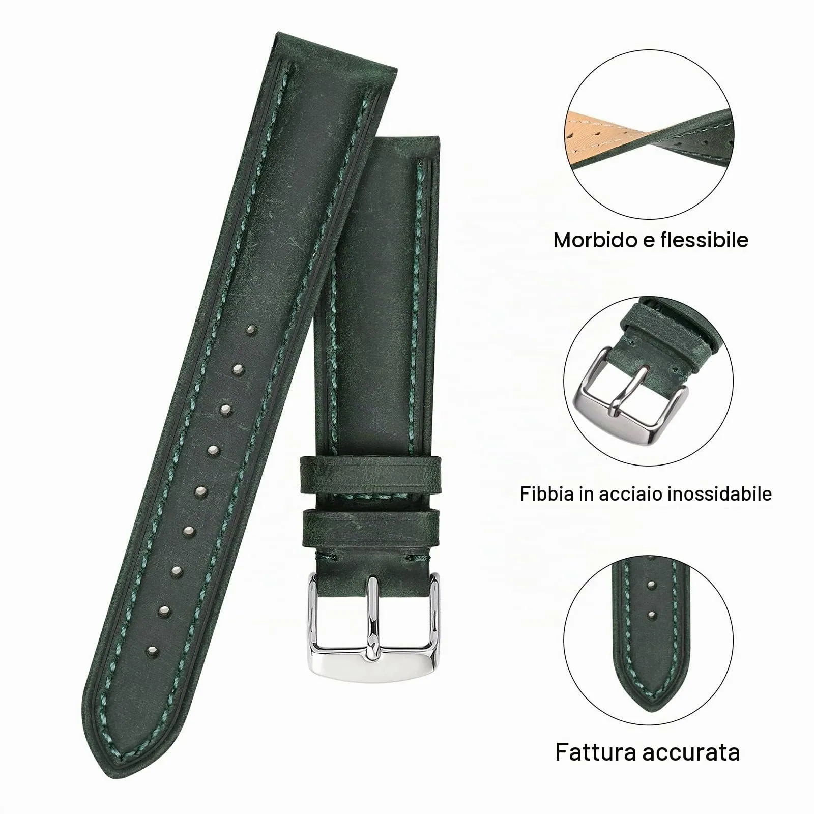 BISONSTRAP Cinturino Orologio 20mm, Cinturini di Ricambio in Pelle Vintage, Verde - immagine 4