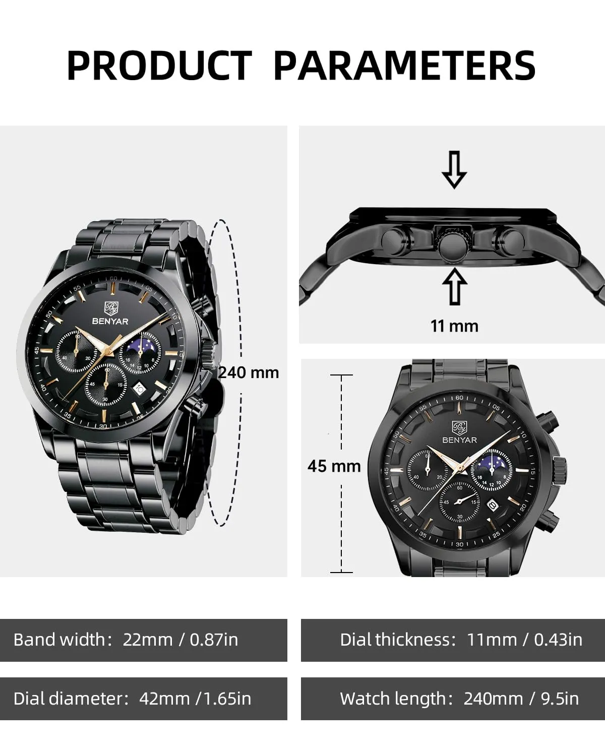 BENYAR BY Orologio da uomo quarzo analogico Cronografi Orologi uomo Regali - immagine 4