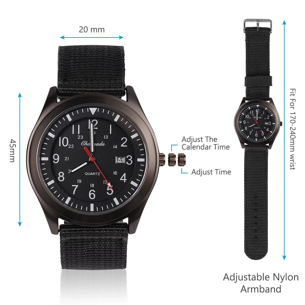 Vicloon Orologio da Uomo, Orologio Analogico al Quarzo, Orologio Militare Che si Illumina al Buio Con Datario e Cinturino in Nylon, Orologi Minimalisti Sportivi Tattici Dell'esercito (Cinturino Nero) - immagine 2