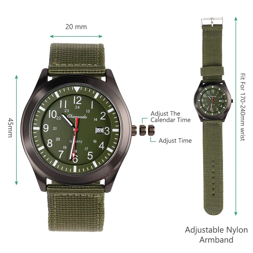 Vicloon Orologio da Uomo, Orologio Analogico al Quarzo, Orologio Militare Che si Illumina al Buio Con Datario e Cinturino in Nylon, Orologi Minimalisti Sportivi Tattici Dell'esercito (Cinturino Verde) - immagine 2