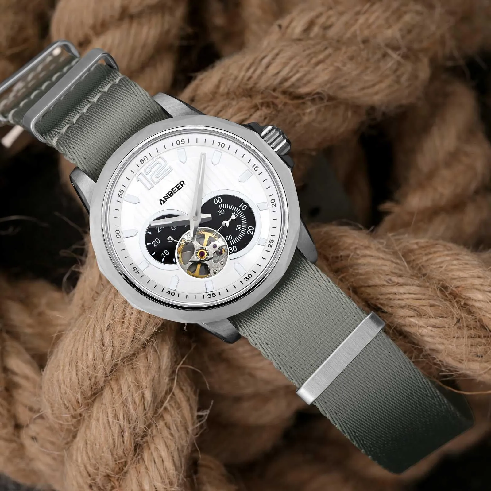 ANBEER Cinturini per orologi in nylon per uomo e donna, cinturino di ricambio militare monoblocco da 20mm con fibbia in acciaio inossidabile argentato - immagine 2
