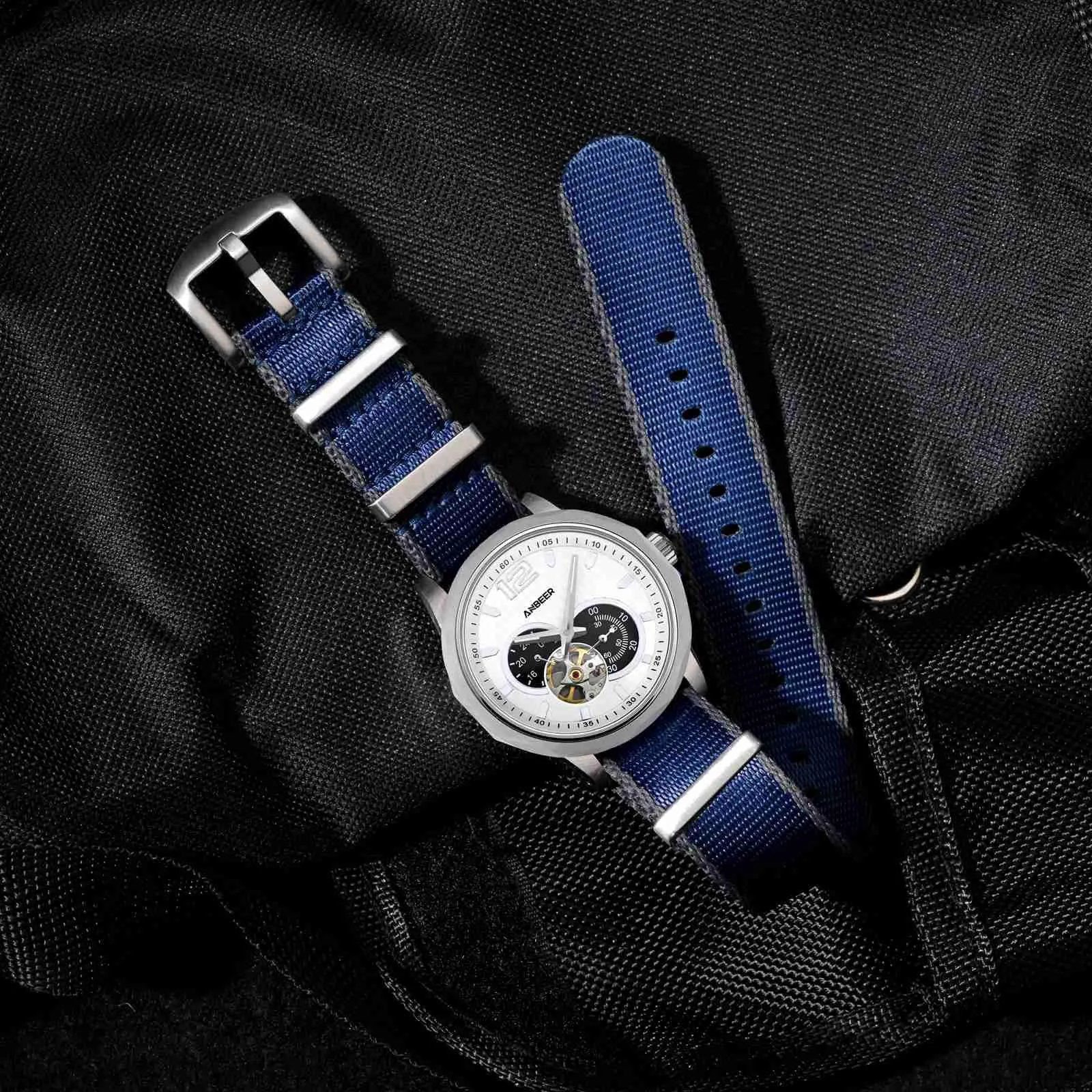 Anbeer Cinturini per orologi in nylon per uomo e donna, cinturino di ricambio militare monoblocco da 22mm con fibbia in acciaio inossidabile argentato - immagine 8