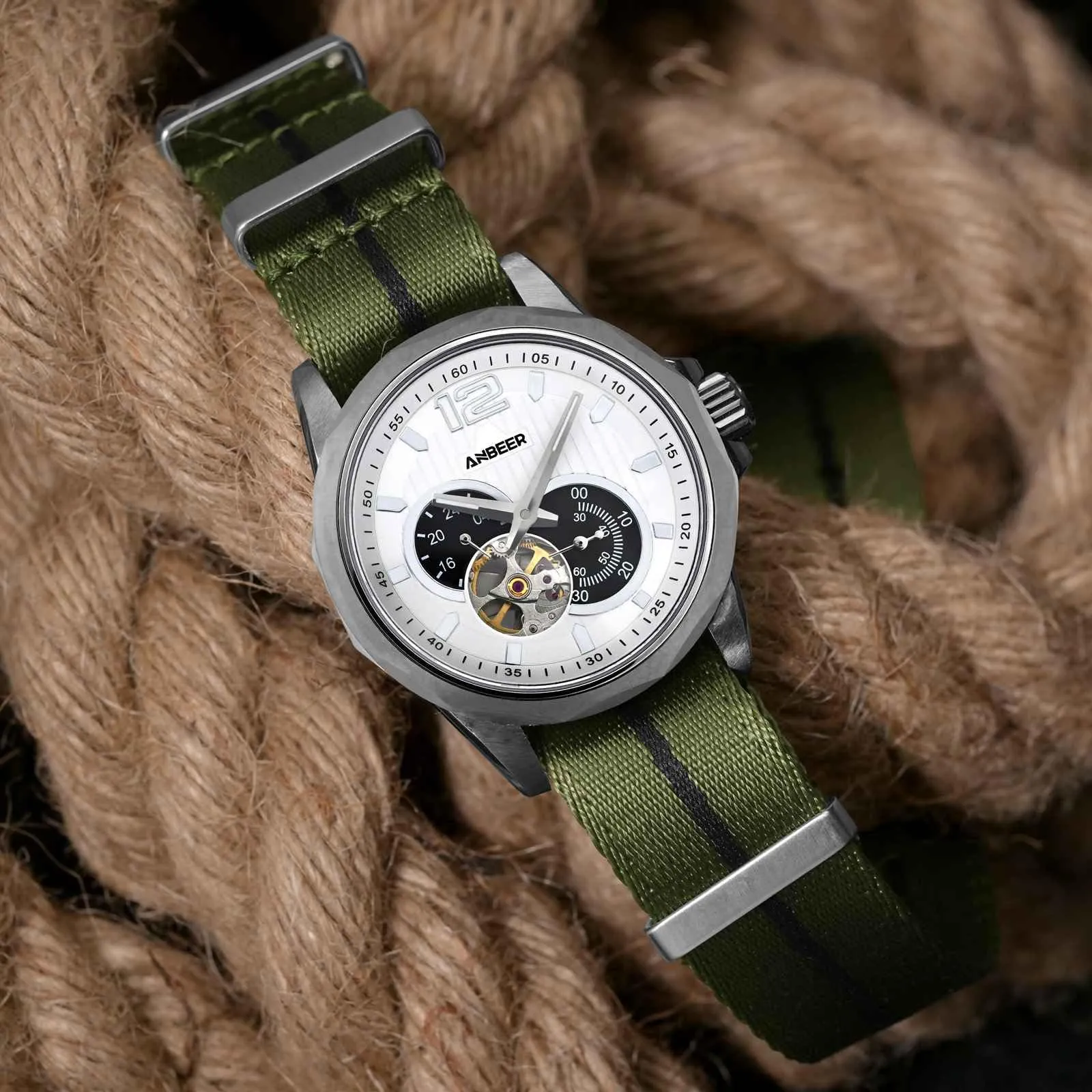 Anbeer Cinturini per orologi in nylon per uomo e donna, cinturino di ricambio militare monoblocco da 18mm con fibbia in acciaio inossidabile argentato - immagine 2