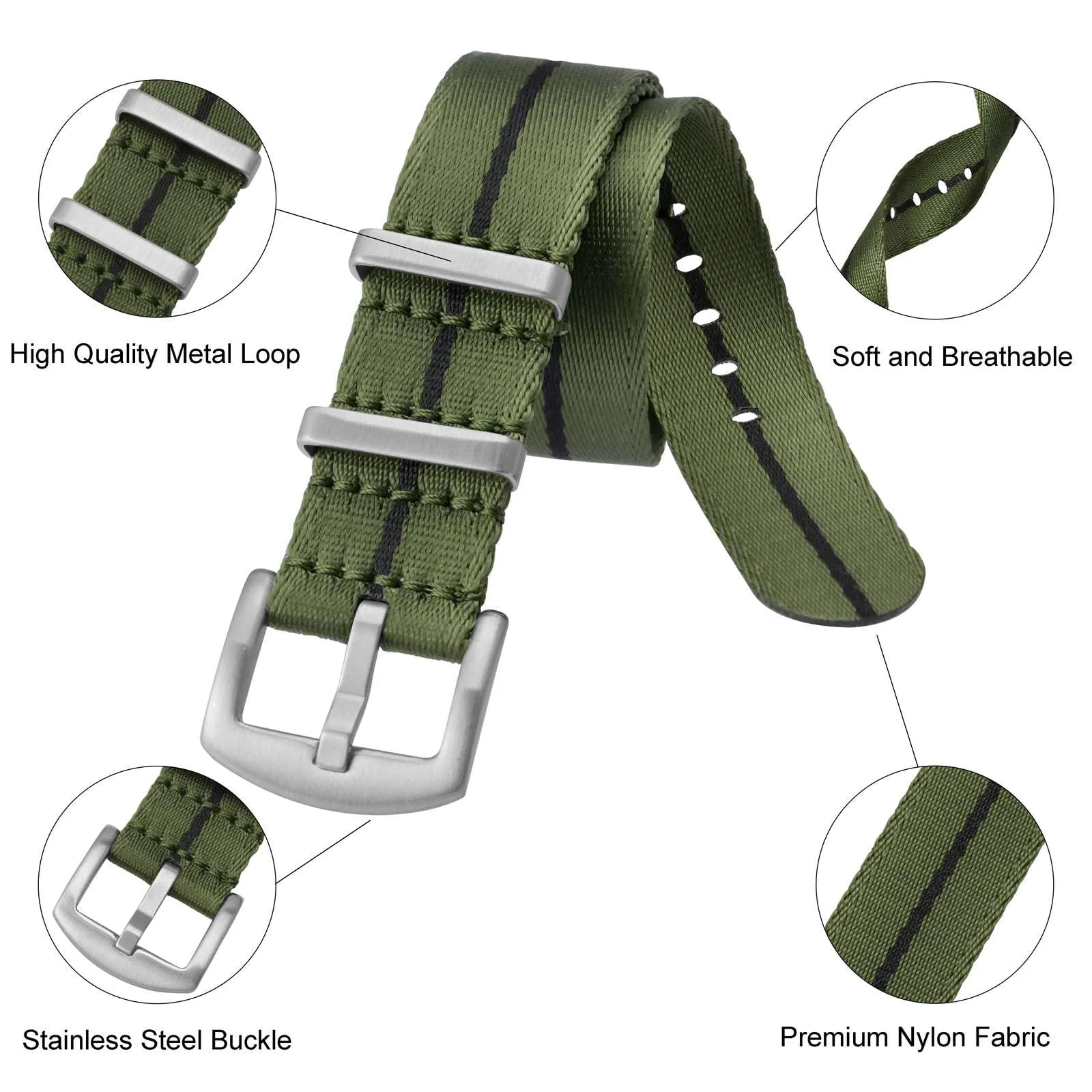 Anbeer Cinturini per orologi in nylon per uomo e donna, cinturino di ricambio militare monoblocco da 18mm con fibbia in acciaio inossidabile argentato - immagine 4