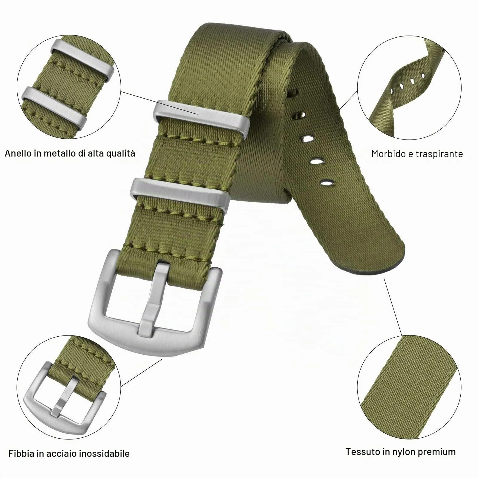 Anbeer Cinturini per orologi in nylon per uomo e donna, cinturino di ricambio militare monoblocco da 18mm con fibbia in acciaio inossidabile argentato - immagine 4
