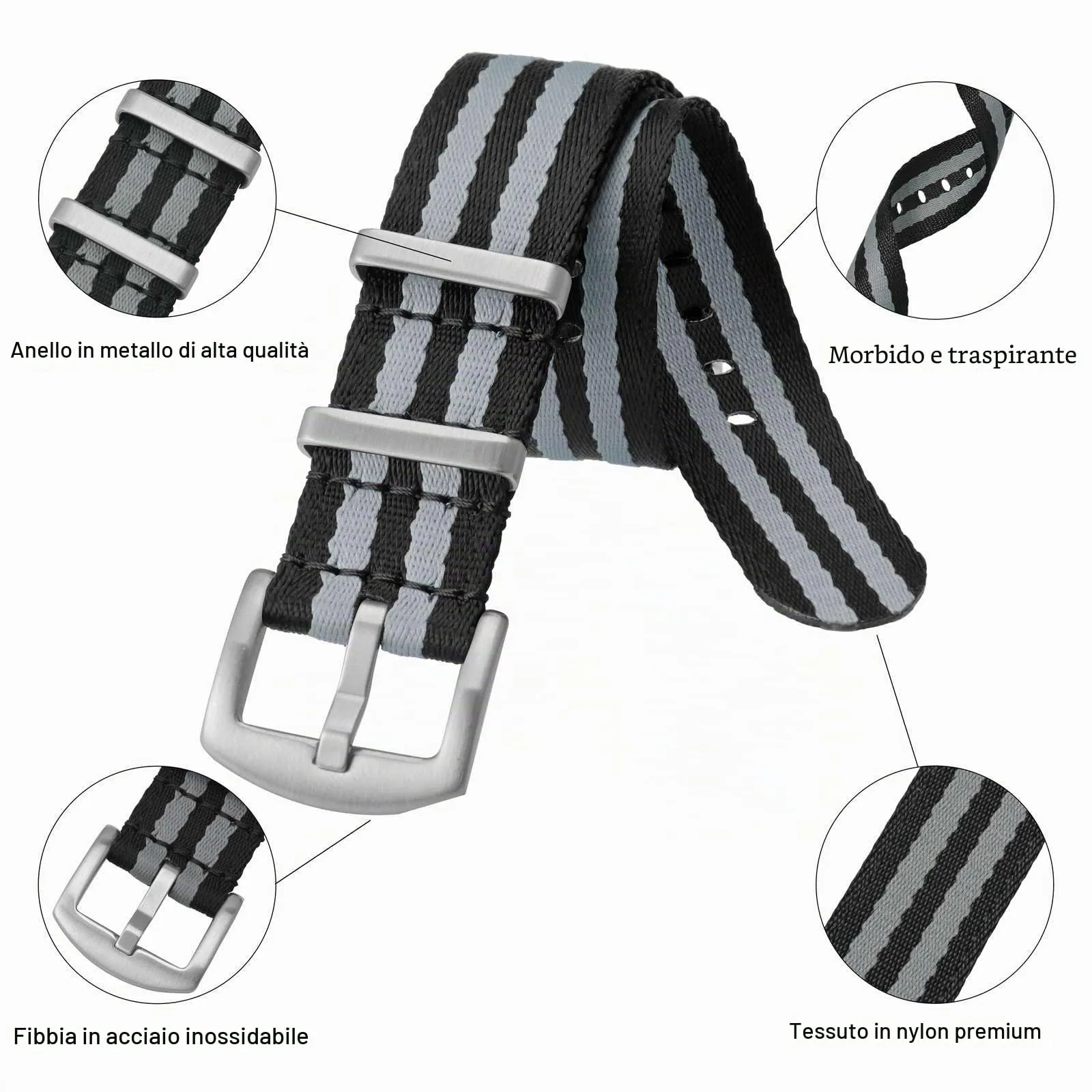 Anbeer Cinturini per orologi in nylon per uomo e donna, cinturino di ricambio militare monoblocco da 20mm con fibbia in acciaio inossidabile argentato - immagine 4