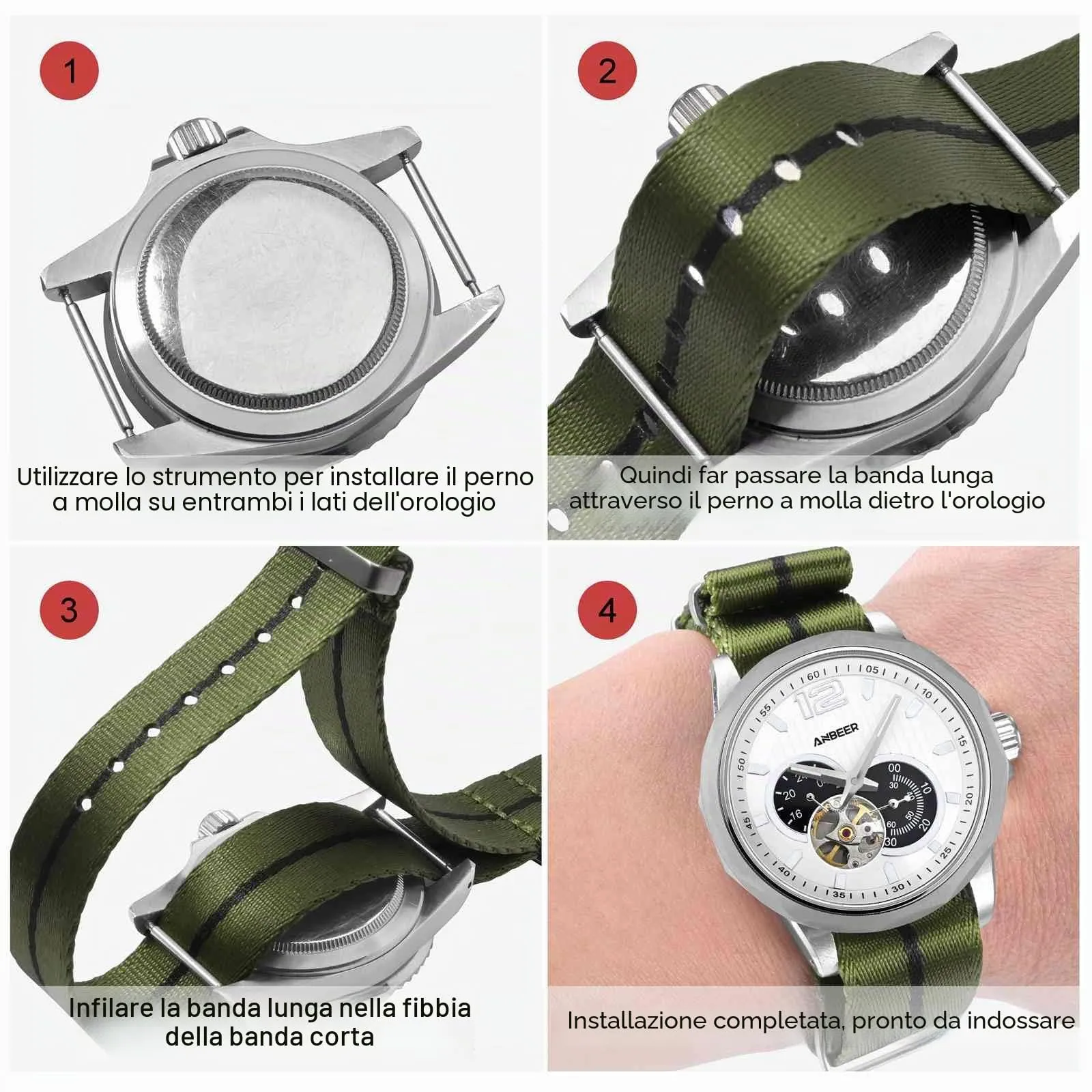 Anbeer Cinturini per orologi in nylon per uomo e donna, cinturino di ricambio militare monoblocco da 20mm con fibbia in acciaio inossidabile argentato - immagine 5