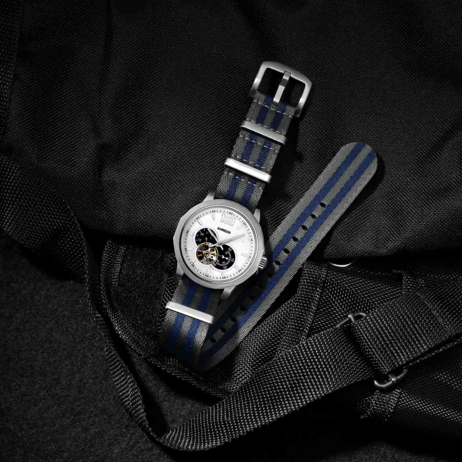 Anbeer Cinturini per orologi in nylon per uomo e donna, cinturino di ricambio militare monoblocco da 18mm con fibbia in acciaio inossidabile argentato - immagine 8