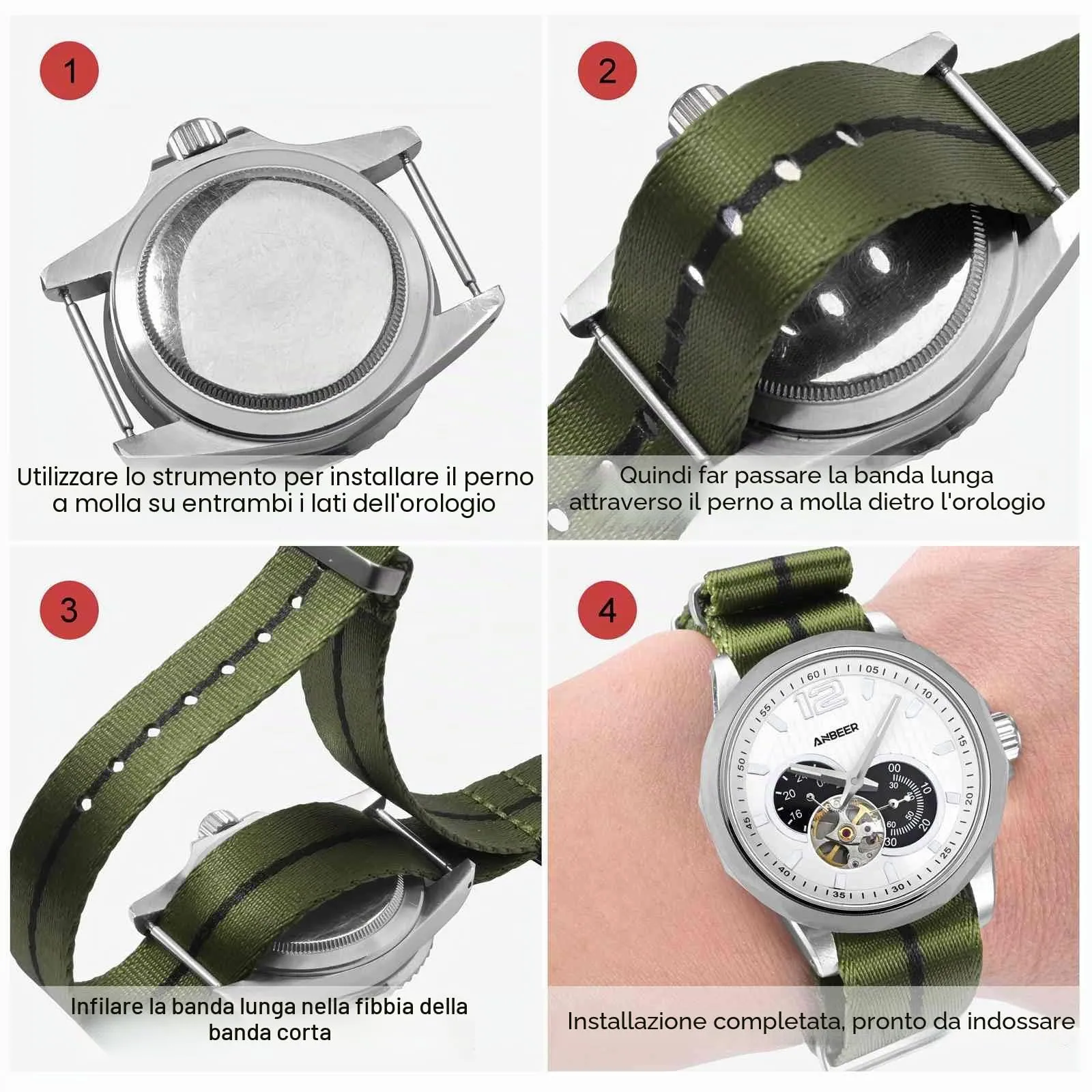 Anbeer Cinturini per orologi in nylon per uomo e donna, cinturino di ricambio militare monoblocco da 22mm con fibbia in acciaio inossidabile argentato - immagine 5
