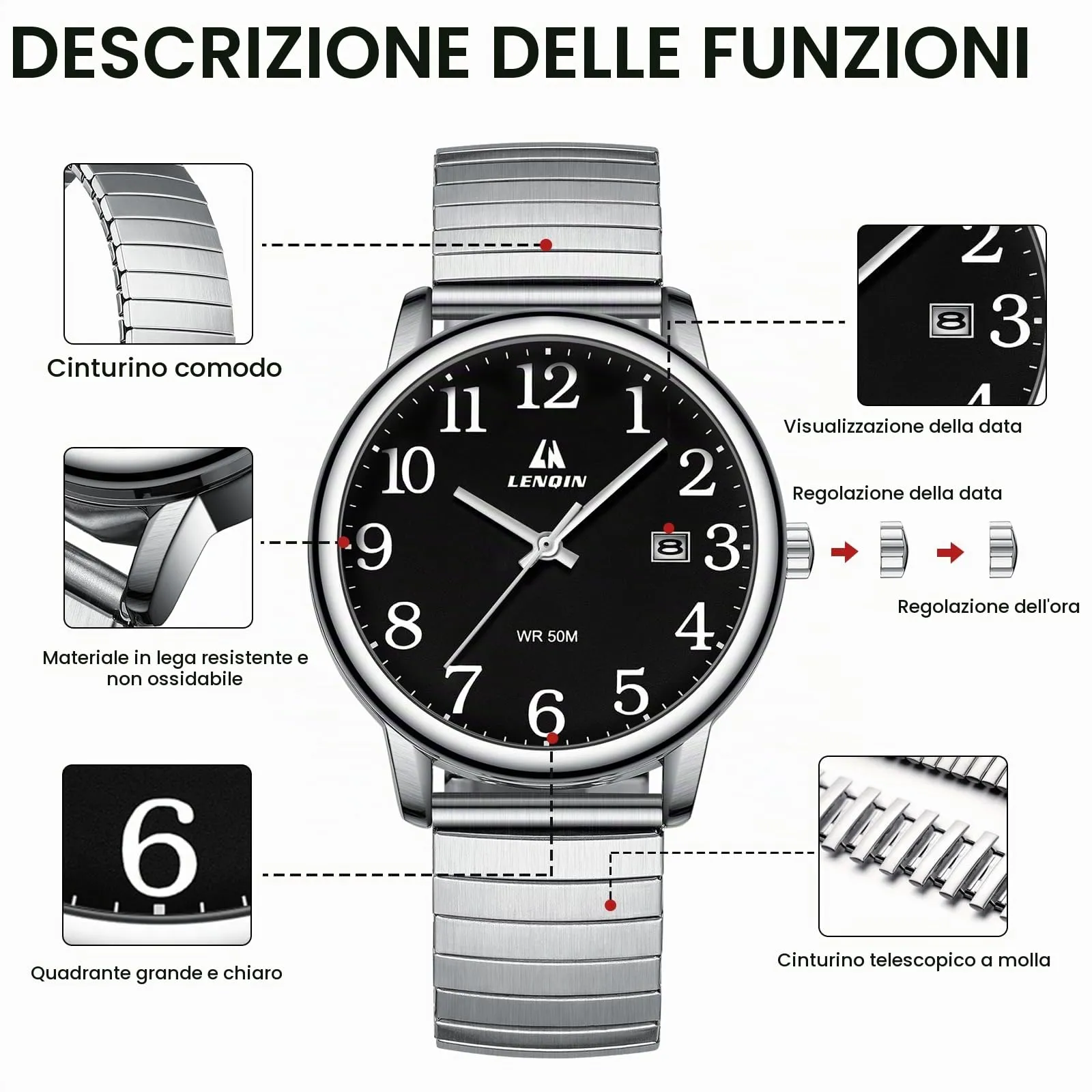 LN LENQIN Orologio Uomo Analogico Cinturino Espansione Impermeabile Datario - immagine 6