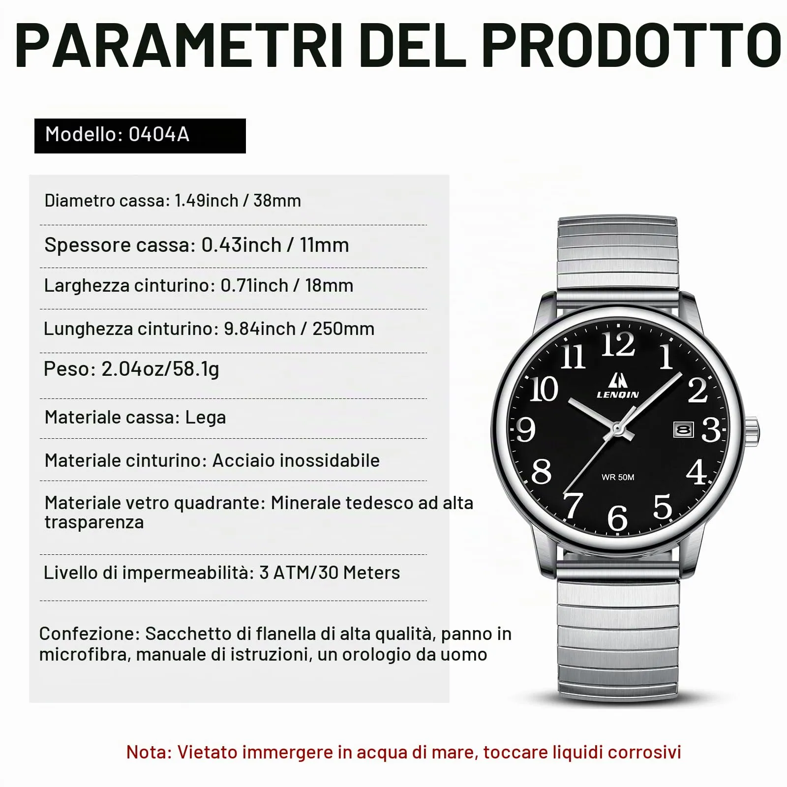 LN LENQIN Orologio Uomo Analogico Cinturino Espansione Impermeabile Datario - immagine 7