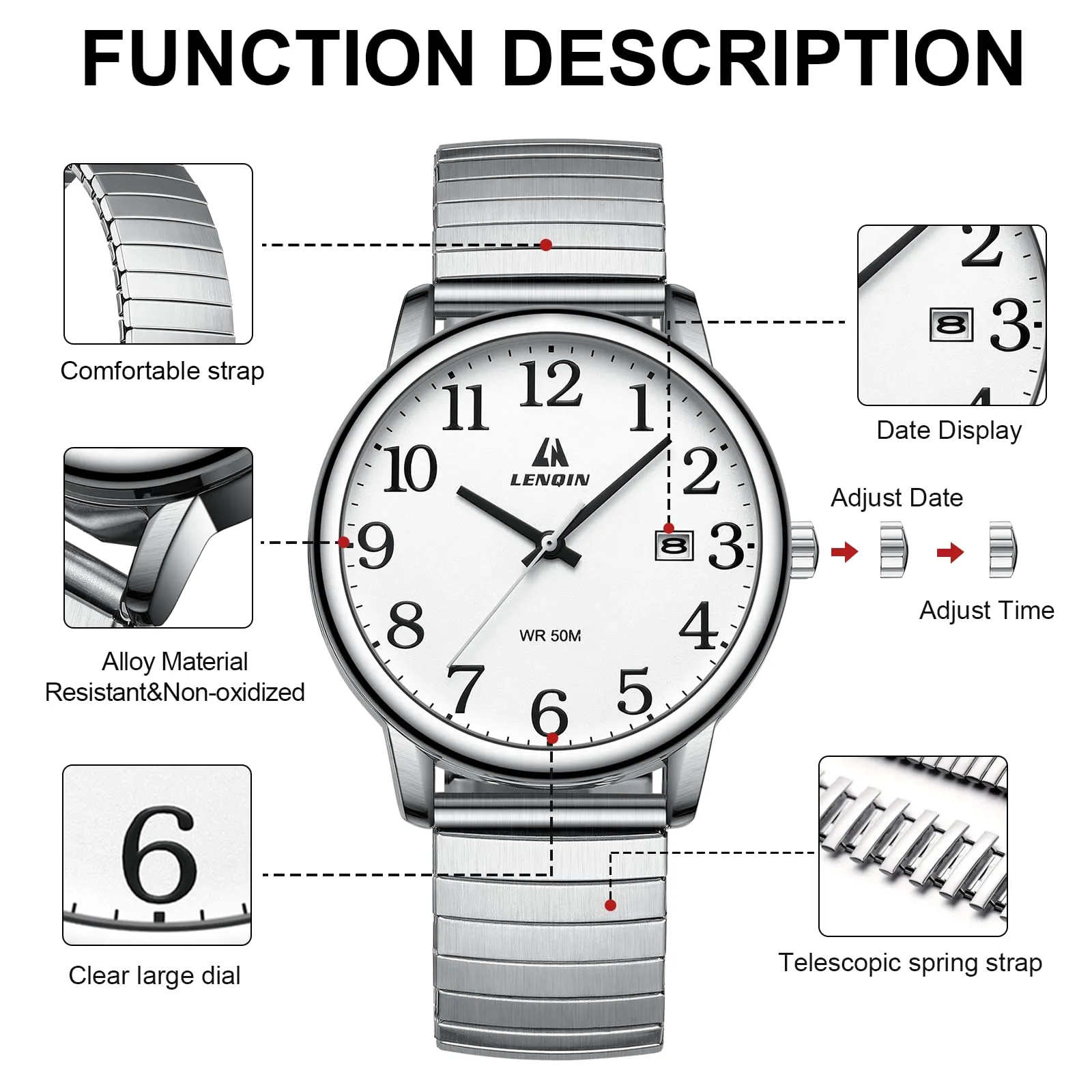 LN LENQIN Orologio Uomo Analogico Cinturino Espansione Impermeabile Datario - immagine 6