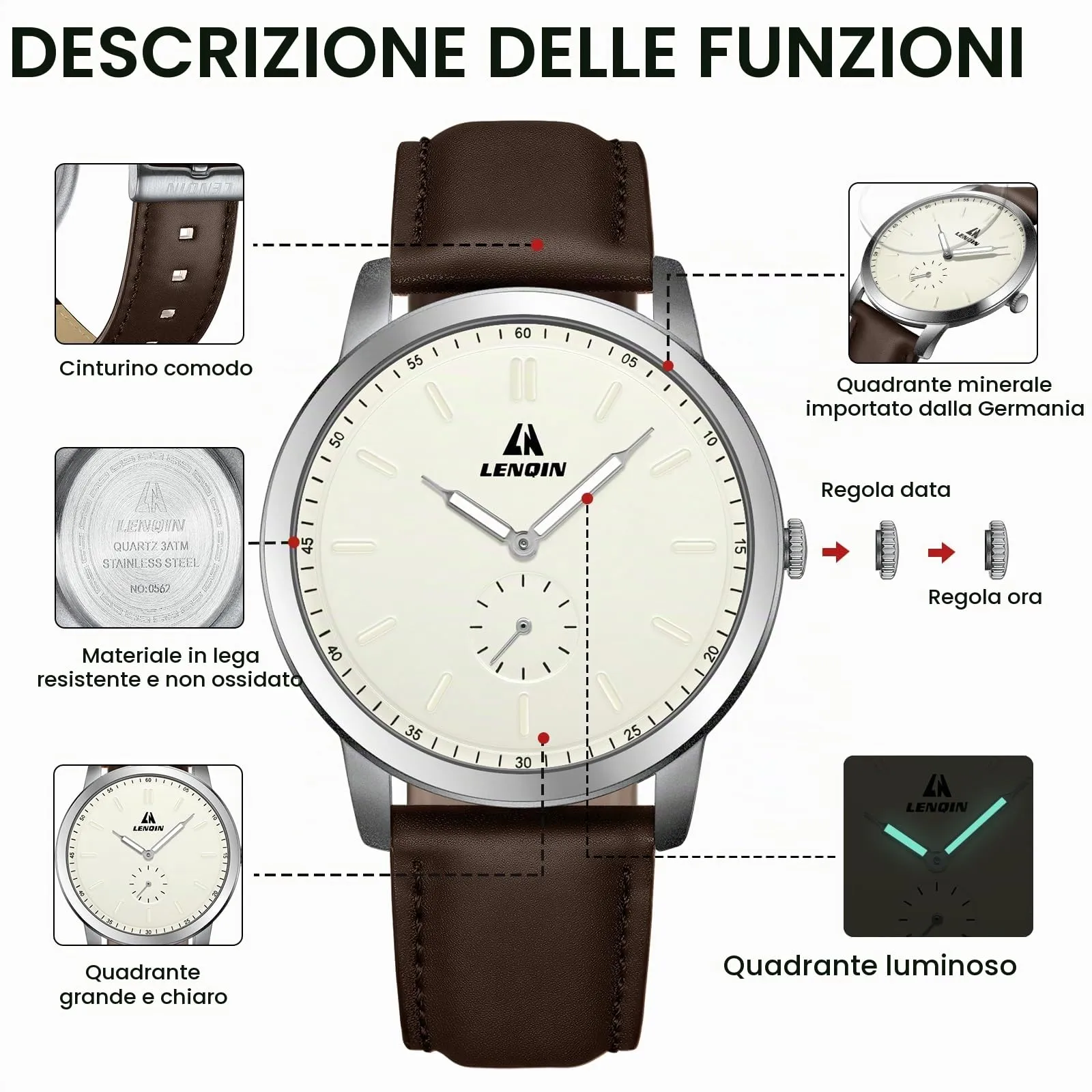 LN LENQIN Orologio Uomo Analogico Al Quarzo 30M Impermeabile Orologi Da Polso Da Uomo Moda Business Orologio da Di Design Cinturino in Pelle - immagine 7