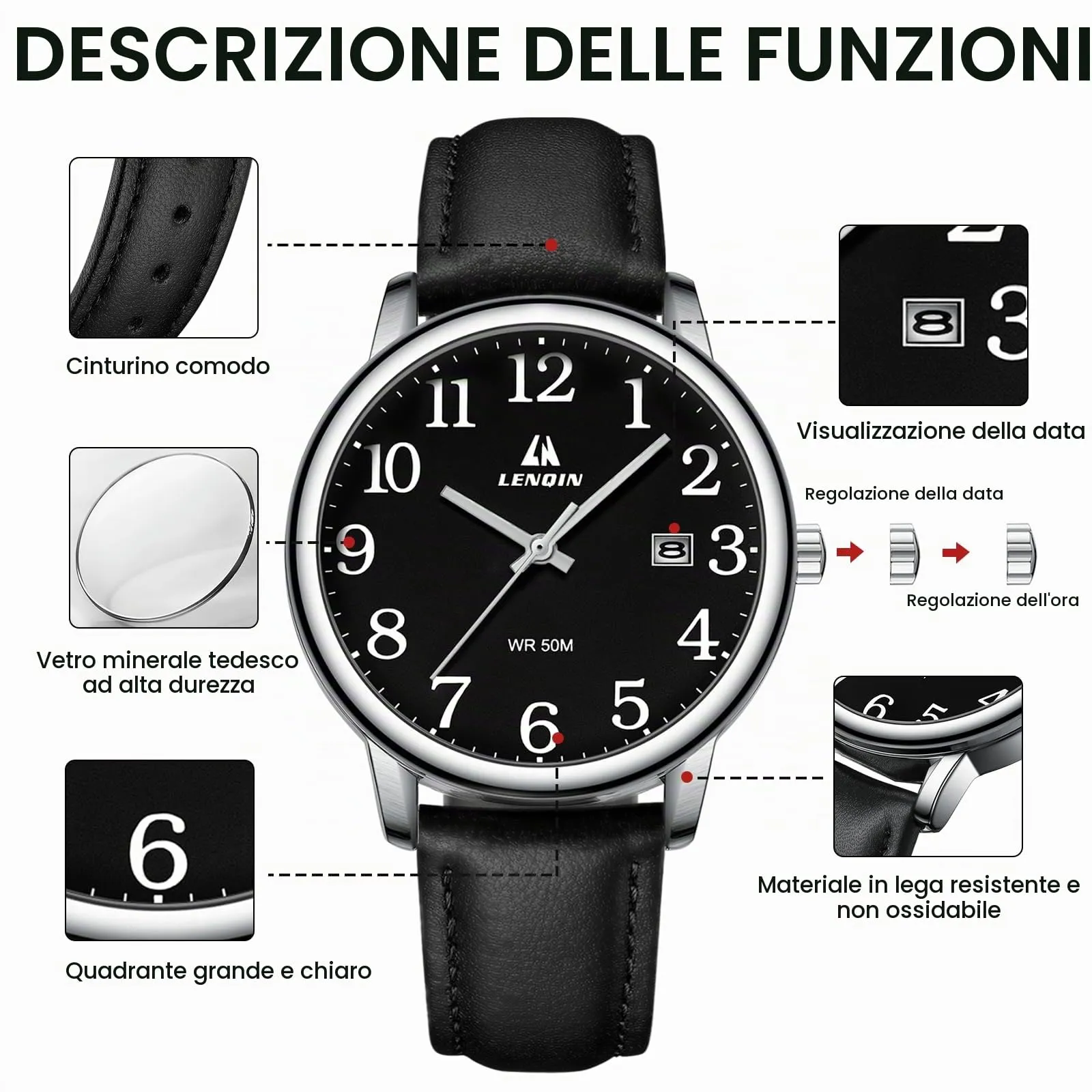 LN LENQIN Orologio Uomo Analogico Cinturino Espansione Impermeabile Datario - immagine 6