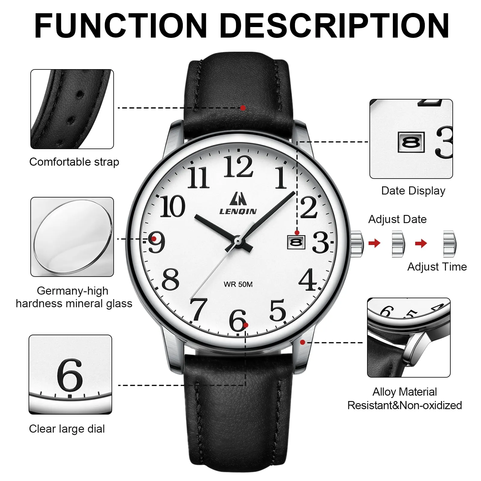 LN LENQIN Orologio Uomo Analogico Cinturino Espansione Impermeabile Datario - immagine 6