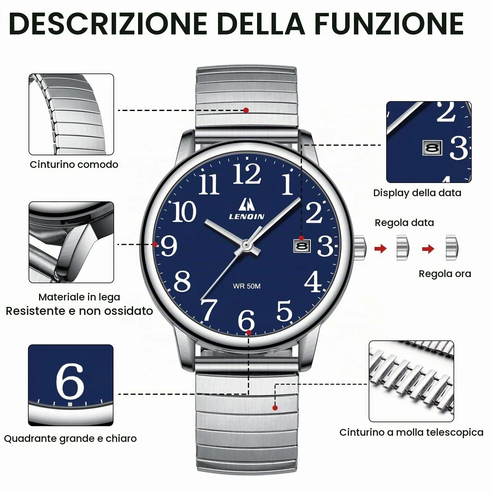 LN LENQIN Orologio Uomo Analogico Cinturino Espansione Impermeabile Datario - immagine 6