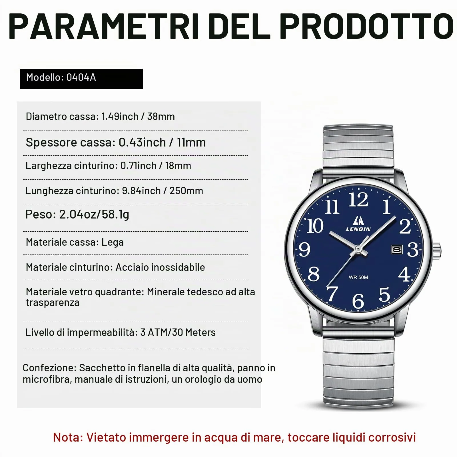 LN LENQIN Orologio Uomo Analogico Cinturino Espansione Impermeabile Datario - immagine 7