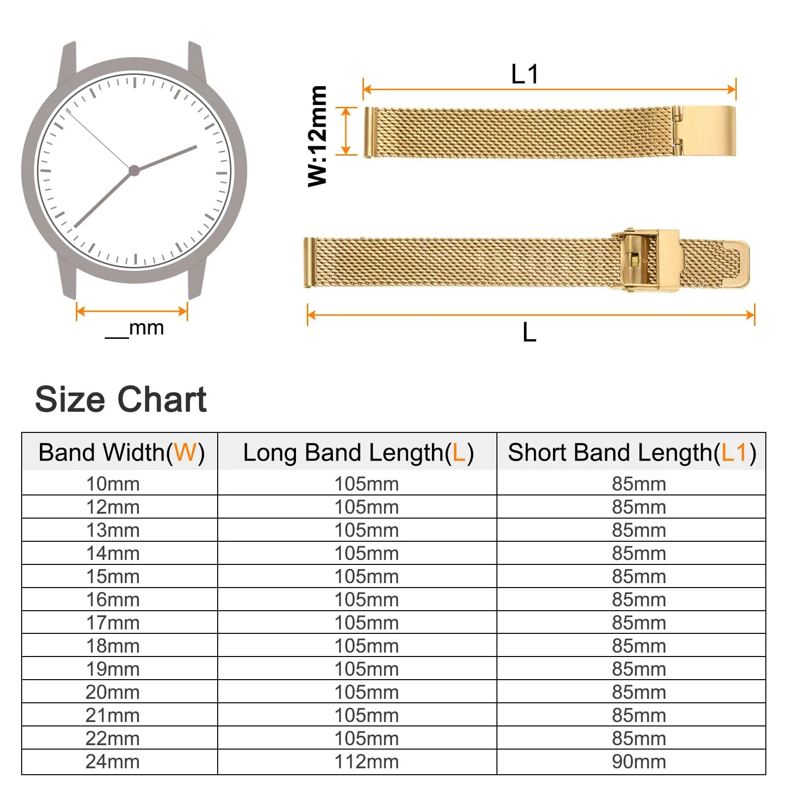 QUARKZMAN 316L Acciaio Inossidabile Maglia Cinturino Orologio 12mm Cinturino Orologio in Metallo Regolabile a Sgancio Rapido per Uomo Donna, Tono Oro - immagine 2