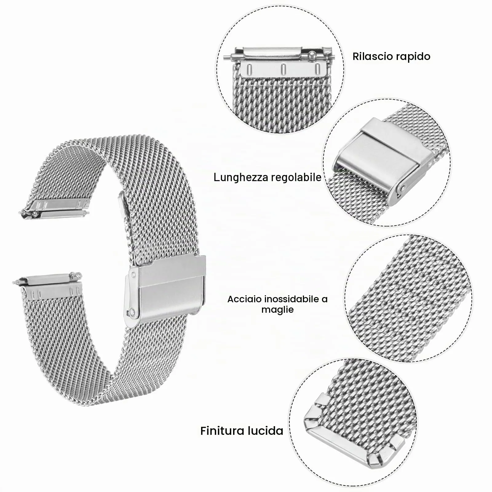 QUARKZMAN 316L Acciaio Inossidabile Maglia Cinturino Orologio 20mm Cinturino Orologio in Metallo Regolabile a Sgancio Rapido per Uomo Donna, Tono Argento - immagine 4