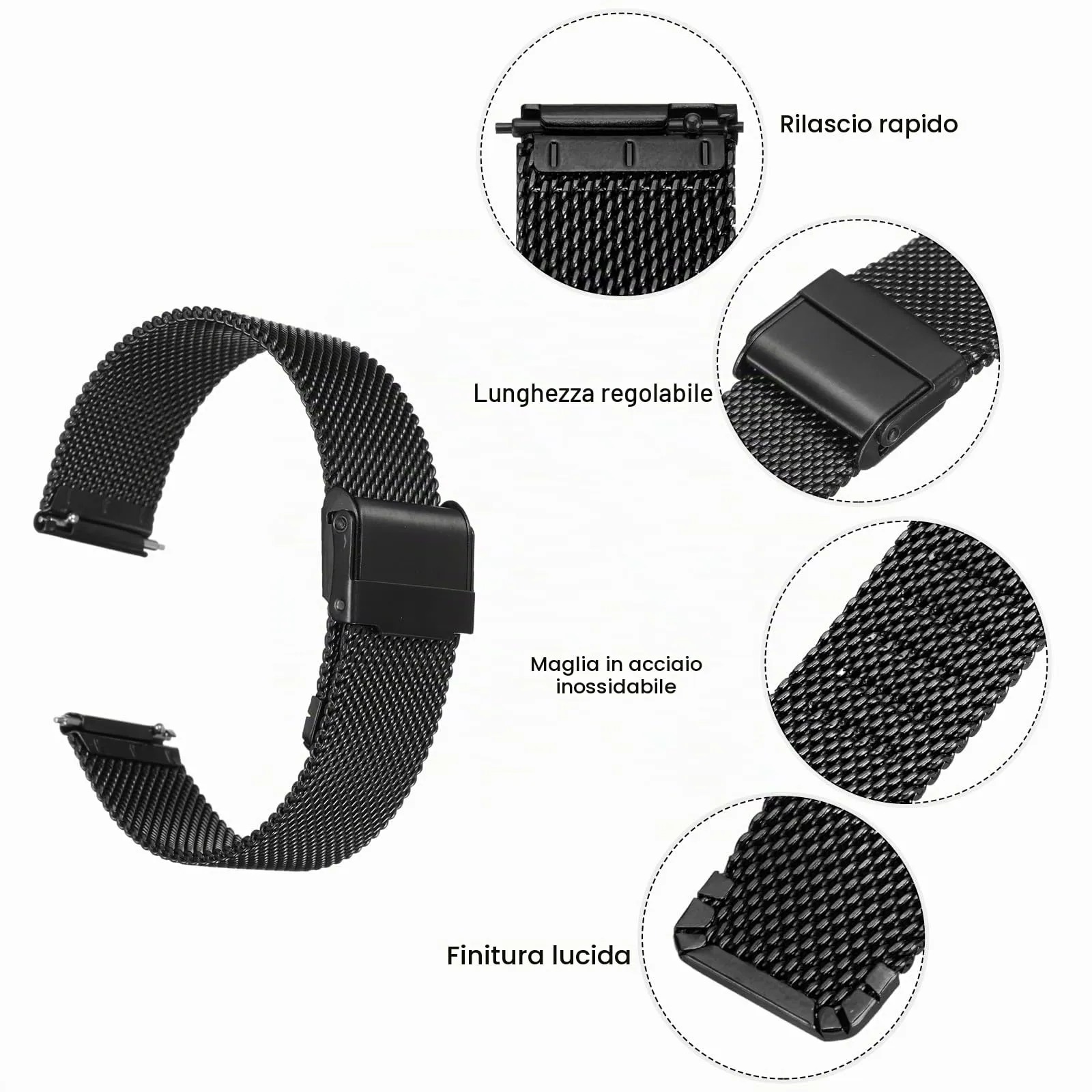 QUARKZMAN 316L Acciaio Inossidabile Maglia Cinturino Orologio 18mm Cinturino Orologio in Metallo Regolabile a Sgancio Rapido per Uomo Donna, Nero - immagine 4