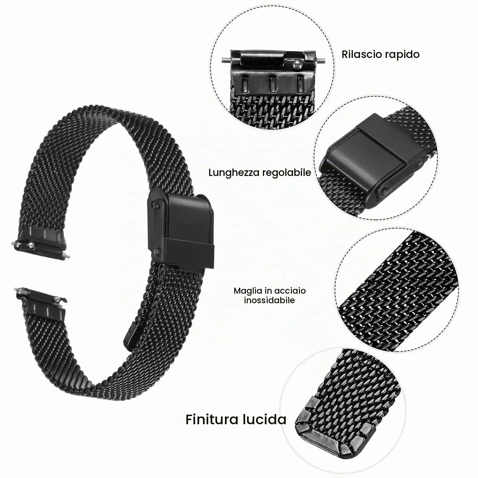 QUARKZMAN 316L Acciaio Inossidabile Maglia Cinturino Orologio 13mm Cinturino Orologio in Metallo Regolabile a Sgancio Rapido per Uomo Donna, Nero - immagine 4