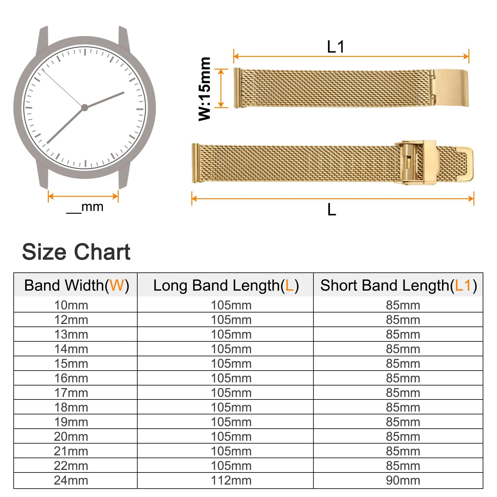 QUARKZMAN 316L Acciaio Inossidabile Maglia Cinturino Orologio 15mm Cinturino Orologio in Metallo Regolabile a Sgancio Rapido per Uomo Donna, Tono Oro - immagine 2